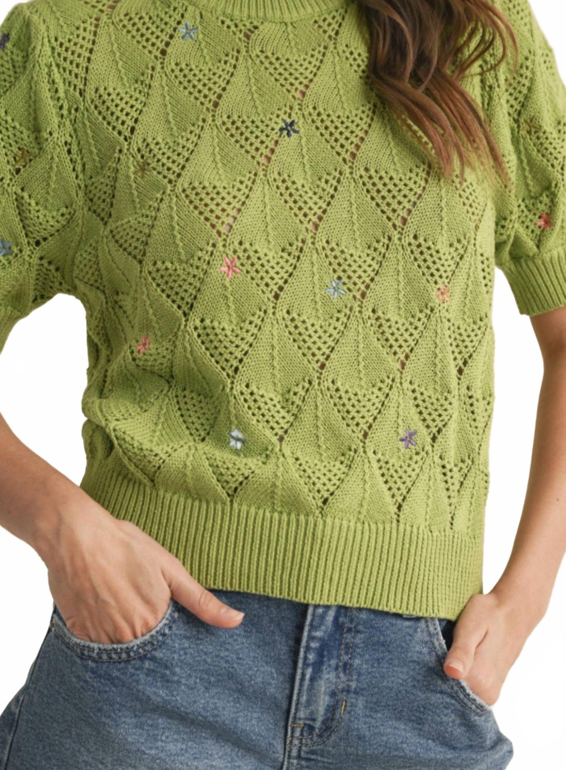 Embroidered Flower Short Sleeve Sweater In Lime
