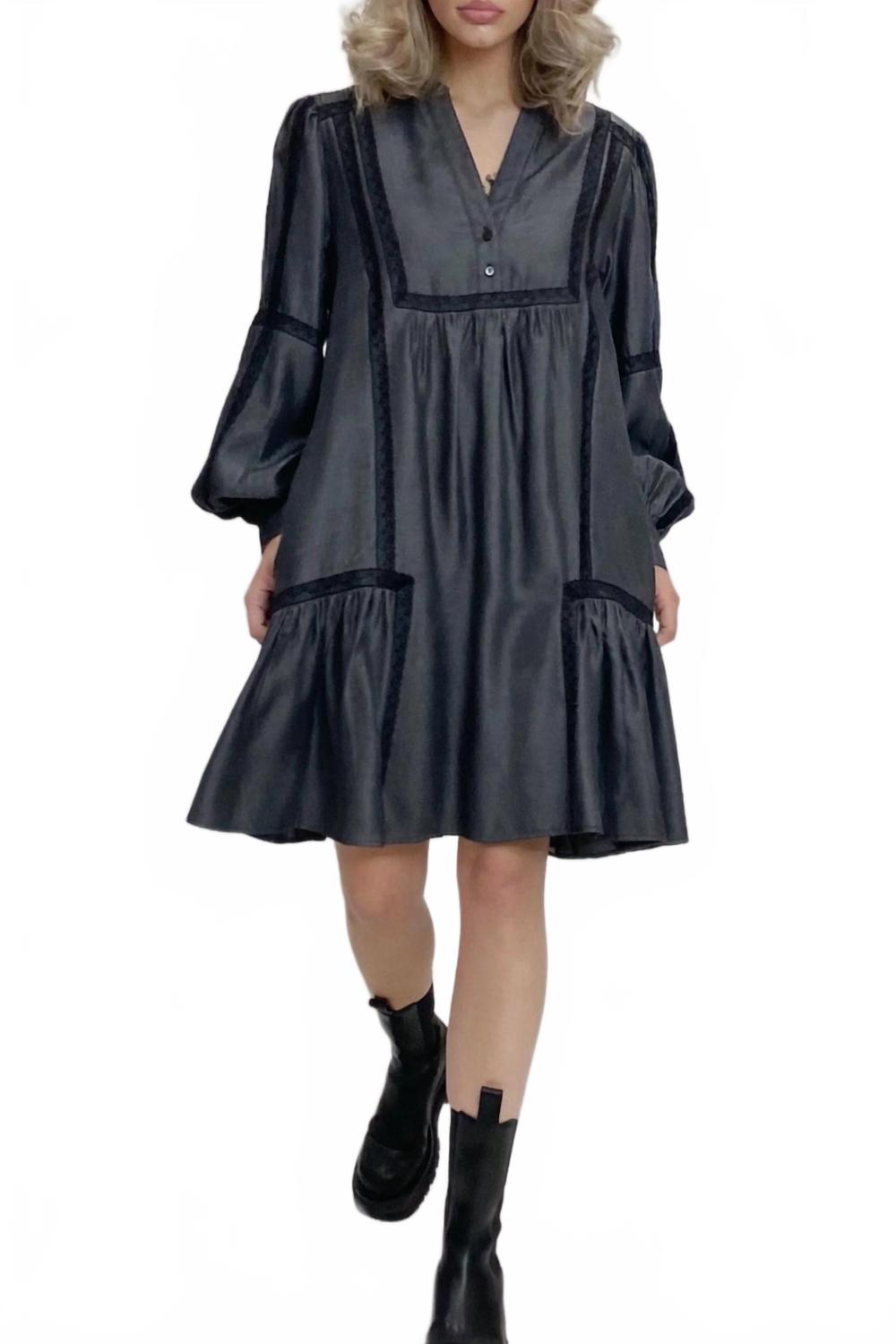 Denim Tencel Lace Trim Dress In Dark Grey