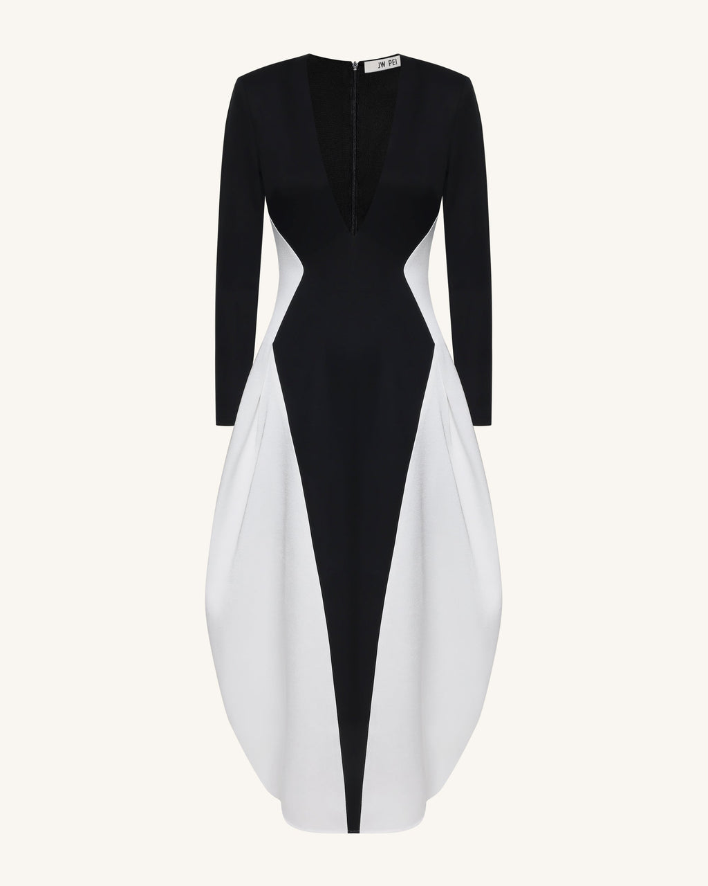 Monochrome Paneled Plunging V-Neck Long-Sleeve Maxi Dress - Black