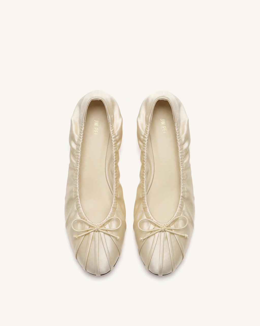 Solenne Ruched Drawstring Satin Ballet Flats - Beige