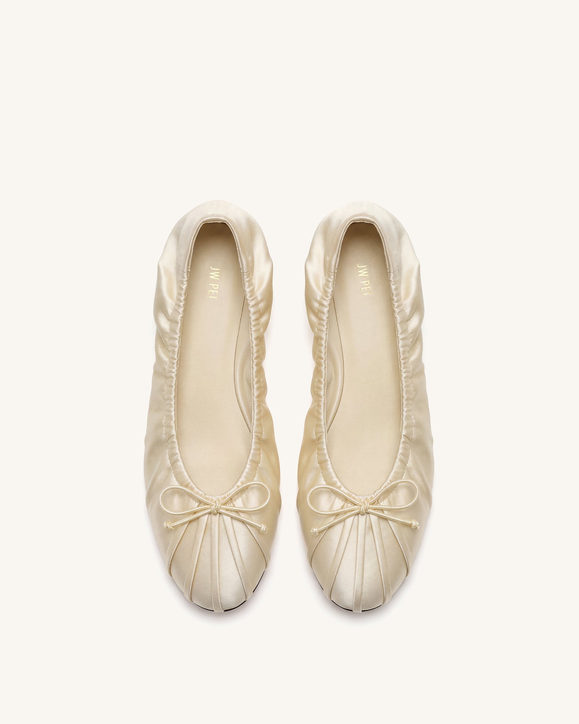 Solenne Ruched Drawstring Satin Ballet Flats - Beige