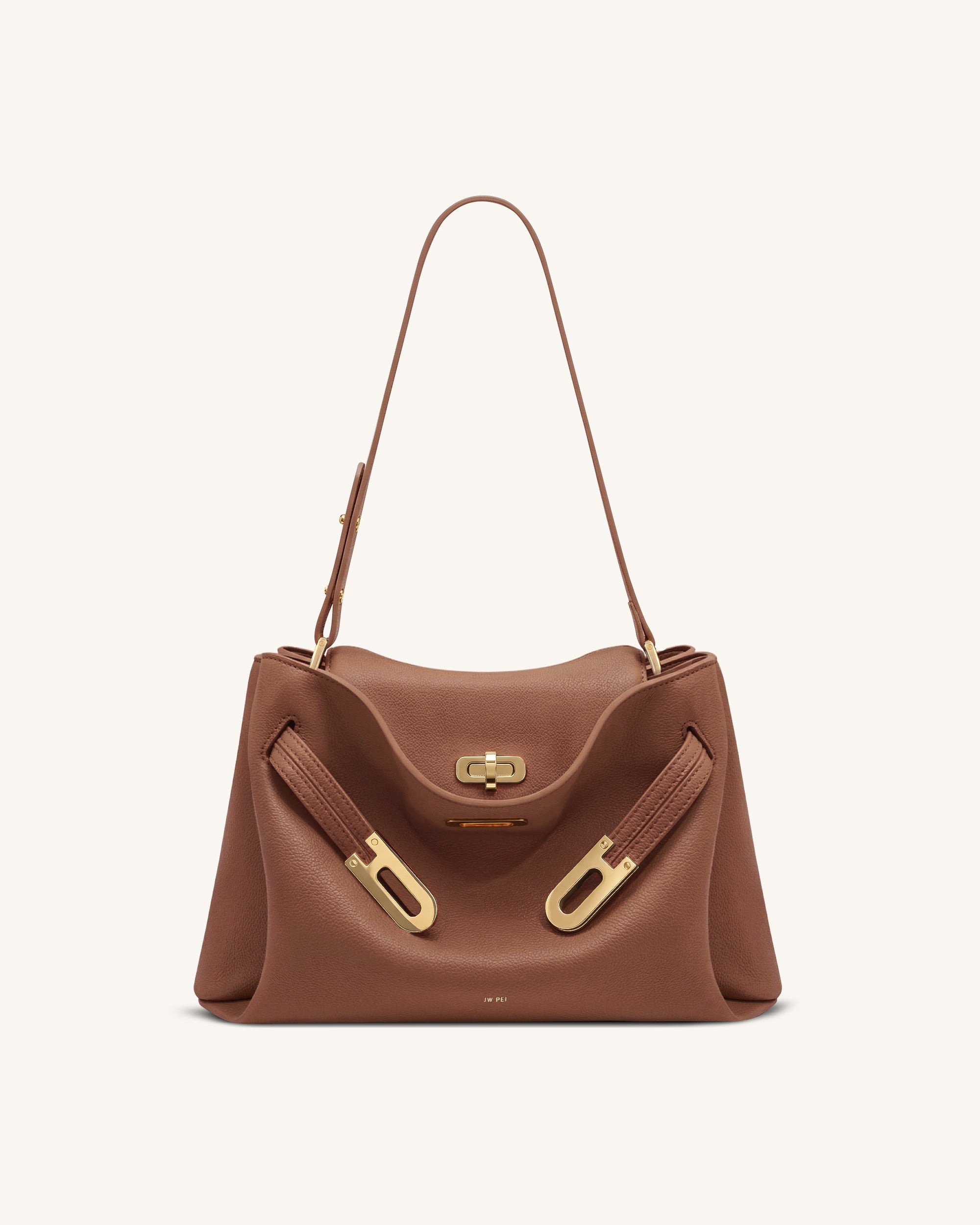 Rhea Pebbled Double Buckle Shoulder Bag - Earth Brown
