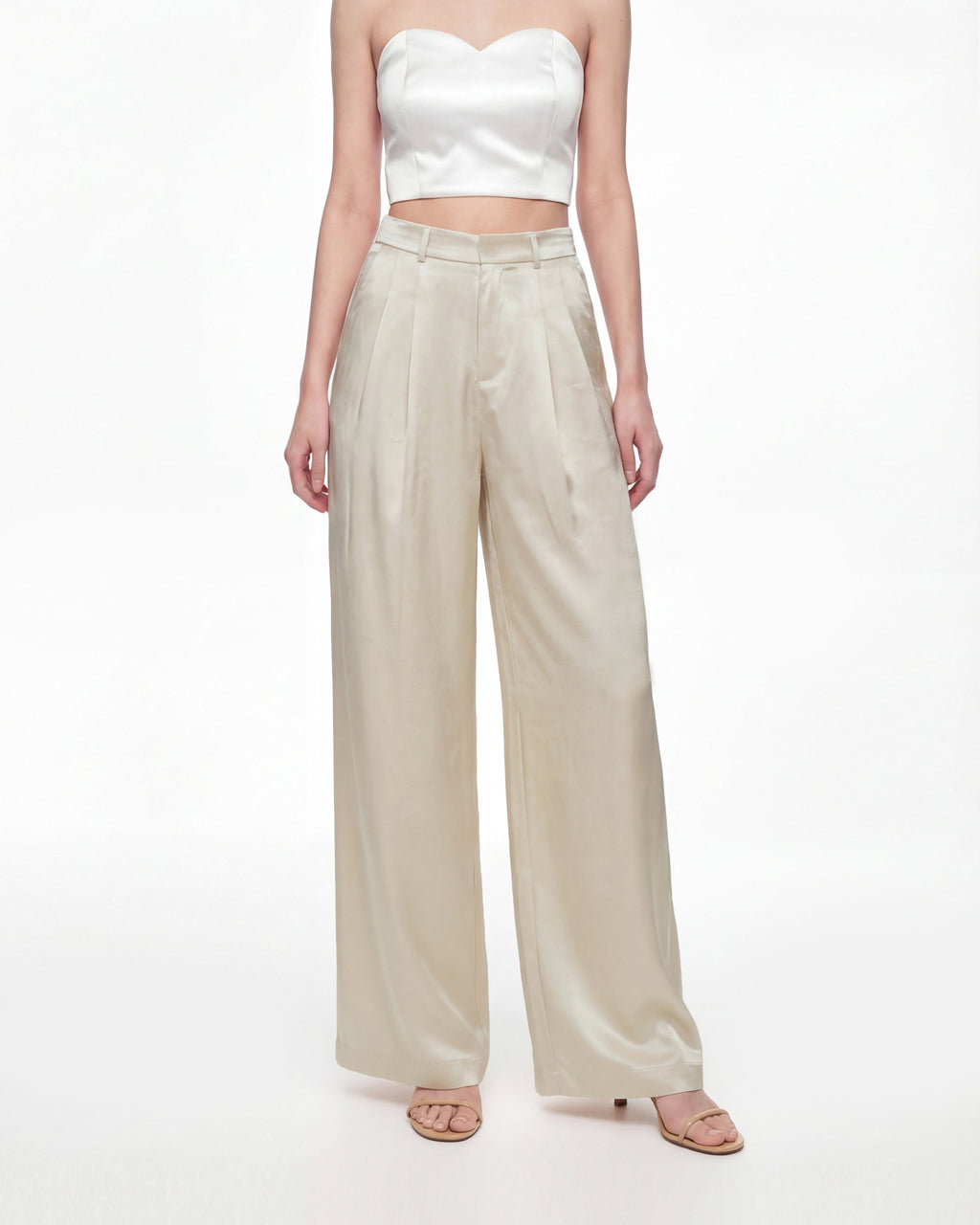 Satin Wide-Leg Trousers - Cream