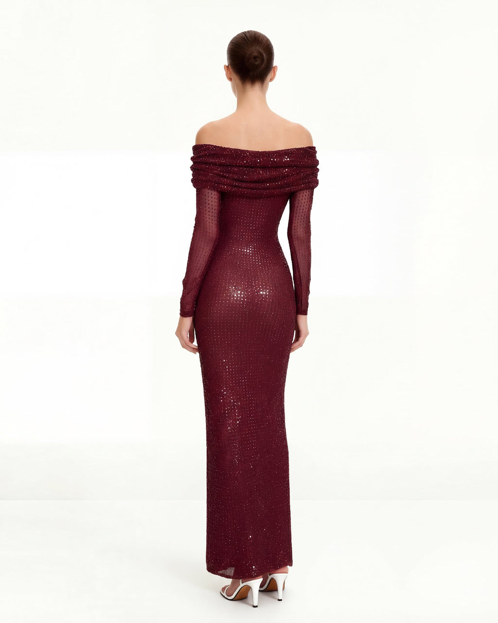 Rhinestone Mesh Off-Shoulder Maxi Dress - Claret