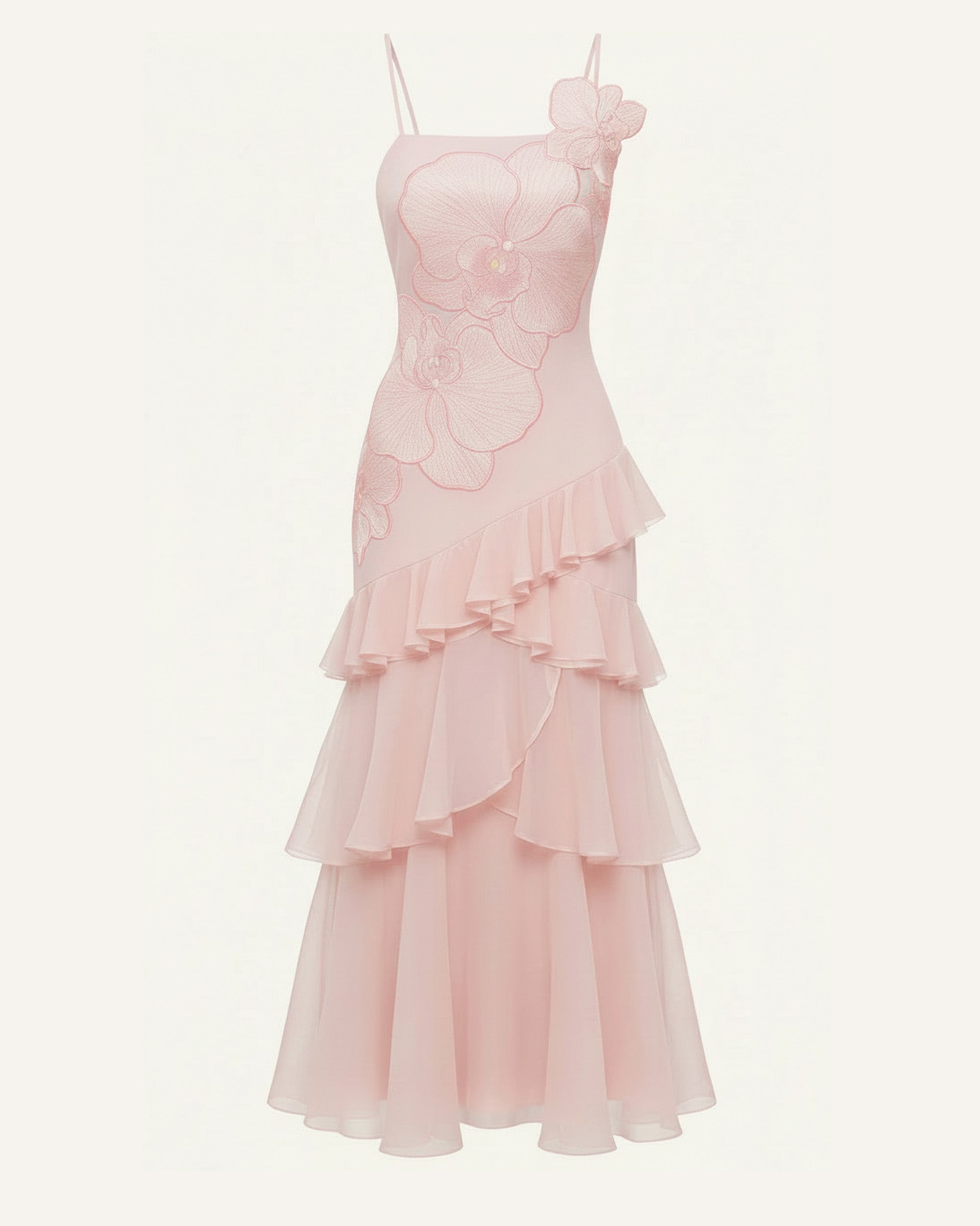 Orchid Embroidered Ruffled One-Shoulder Maxi Dress - Blush Pink