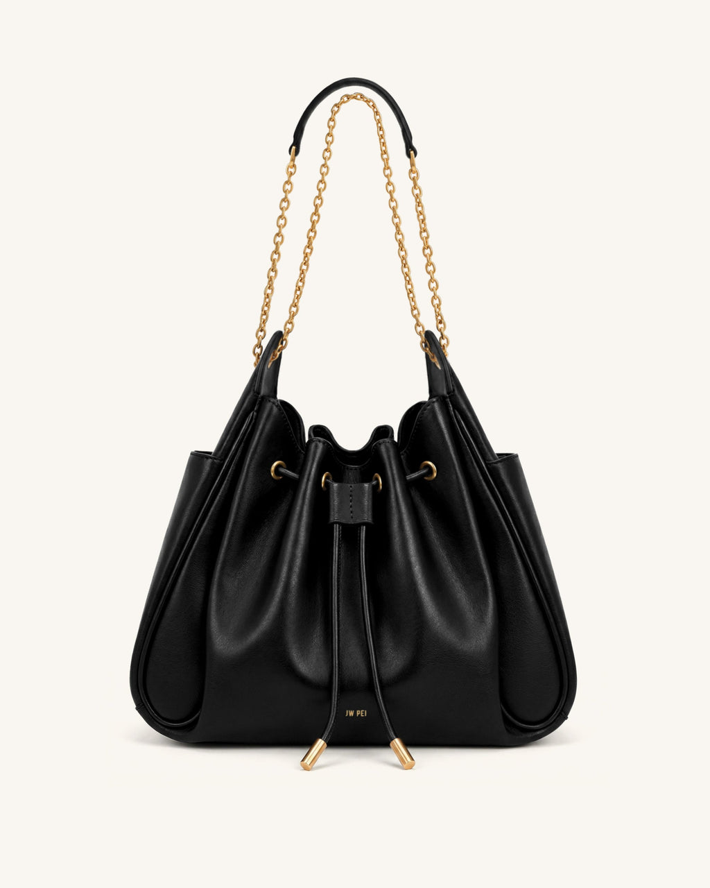 Rowan Ruched Drawstring Chain Bucket Bag - Black