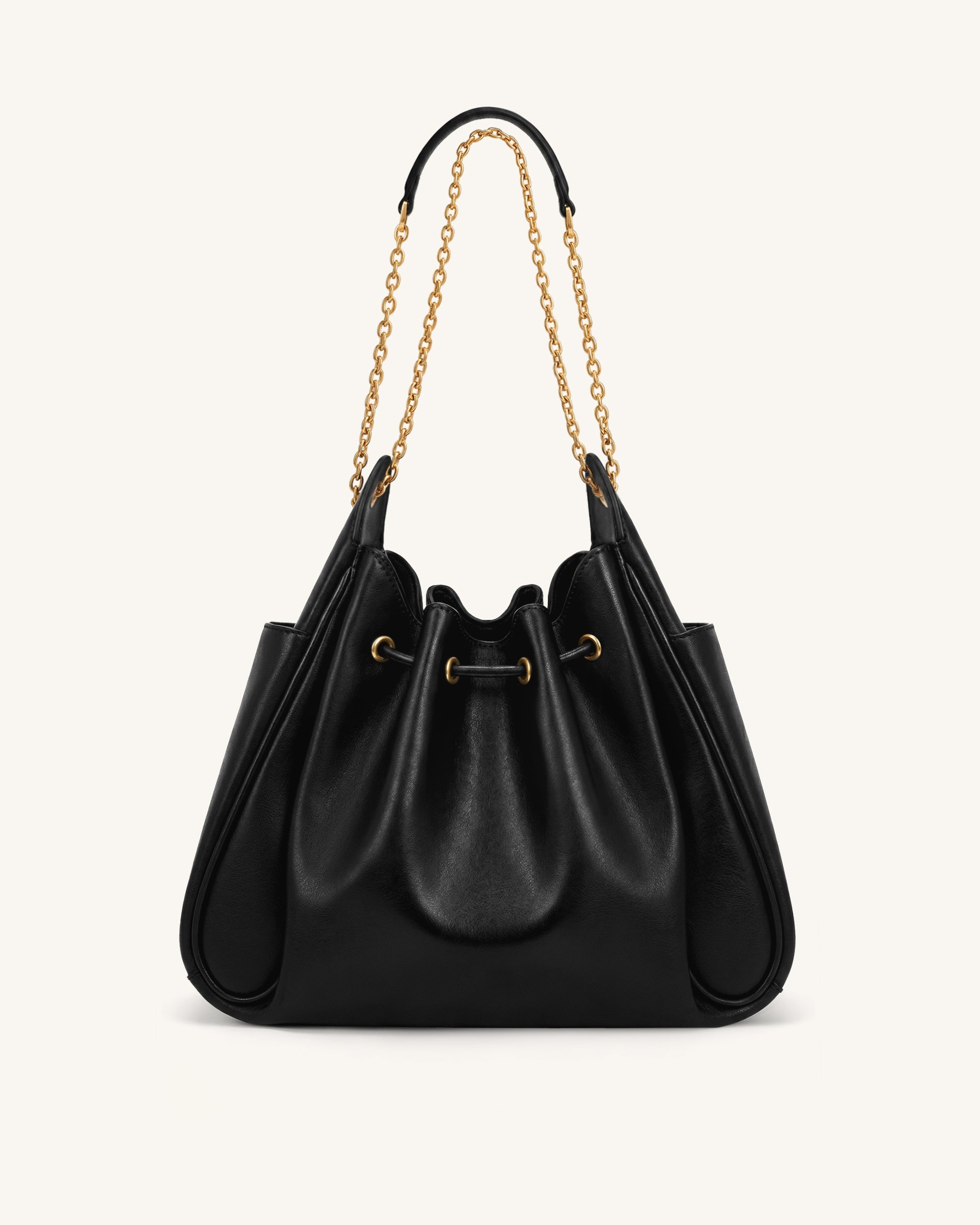 Rowan Ruched Drawstring Chain Bucket Bag - Black