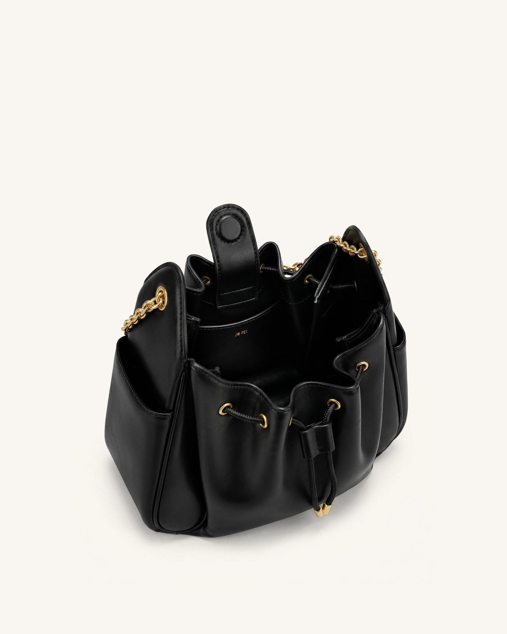 Rowan Ruched Drawstring Chain Bucket Bag - Black