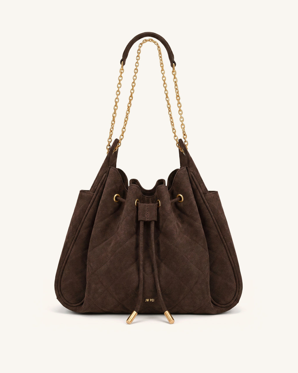 Rowan Faux Suede Quilted Chain Bucket Bag - Dark Brown