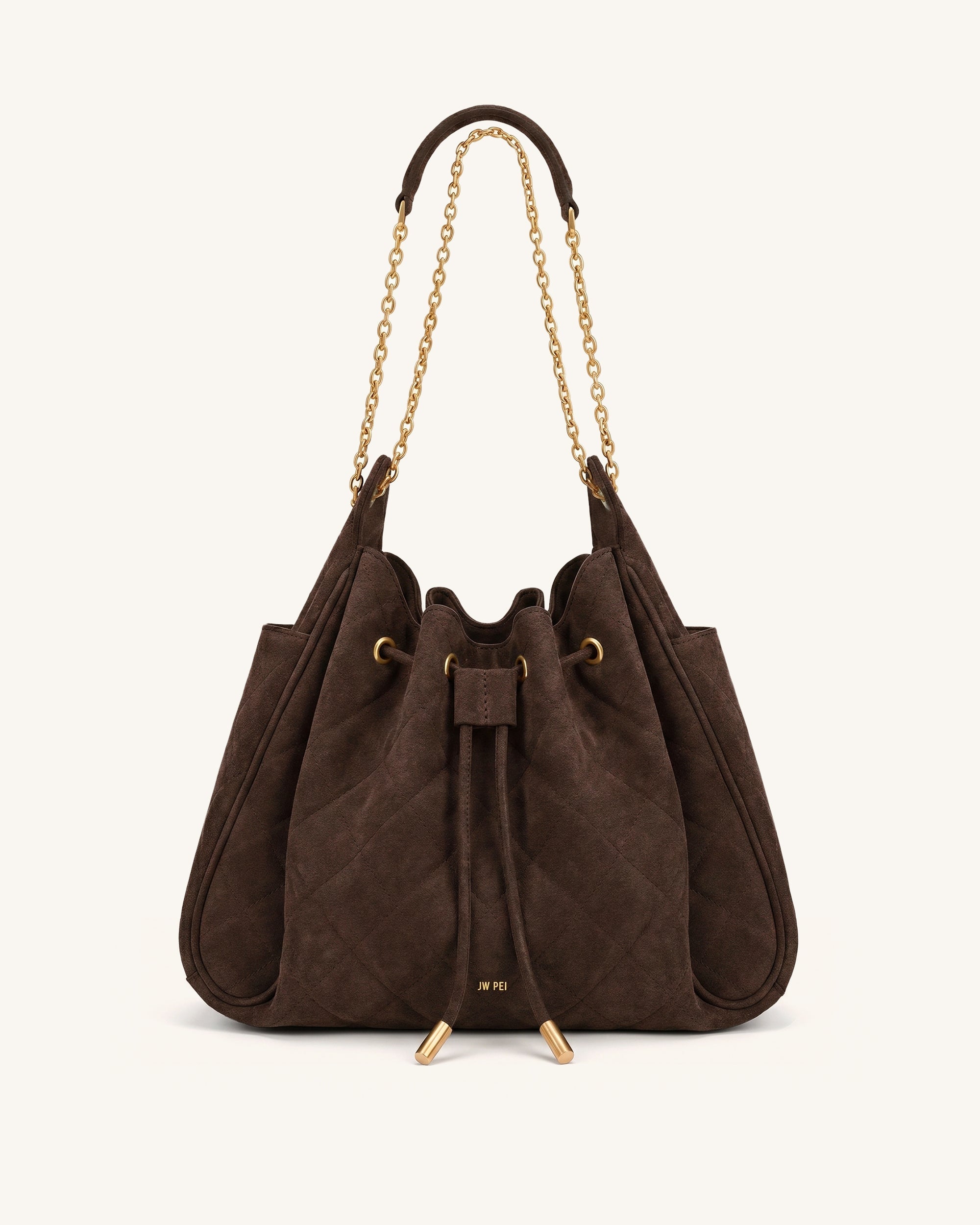 Rowan Faux Suede Quilted Chain Bucket Bag - Dark Brown