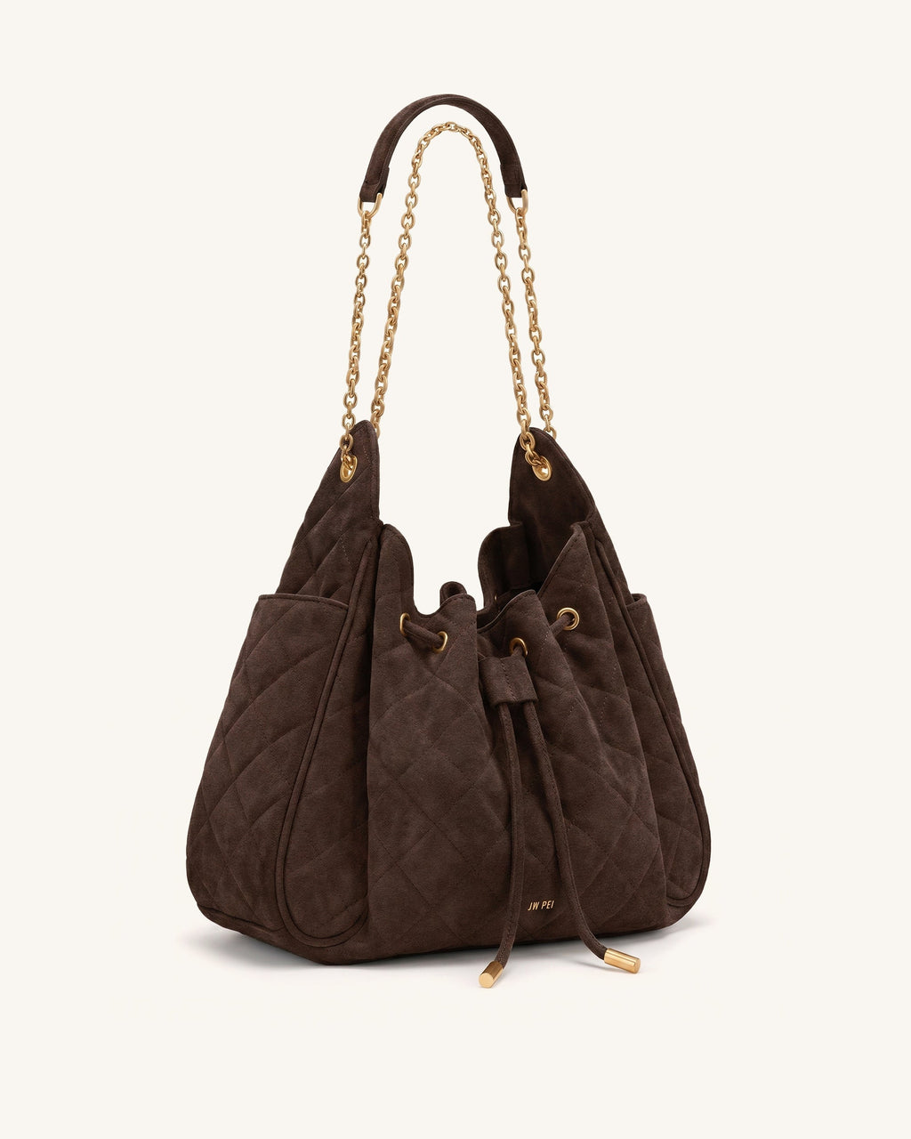 Rowan Faux Suede Quilted Chain Bucket Bag - Dark Brown
