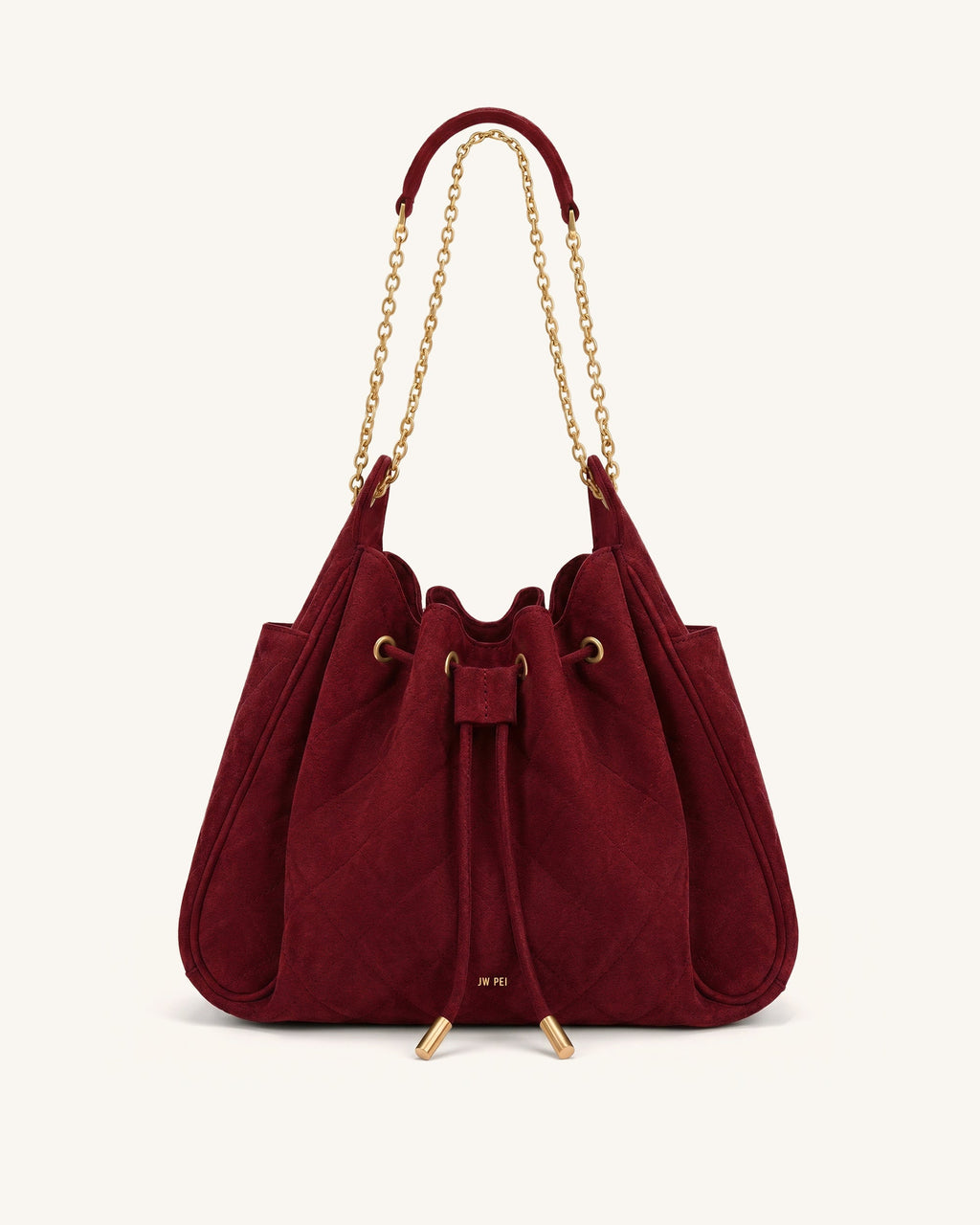 Rowan Faux Suede Quilted Chain Bucket Bag - Dark Red
