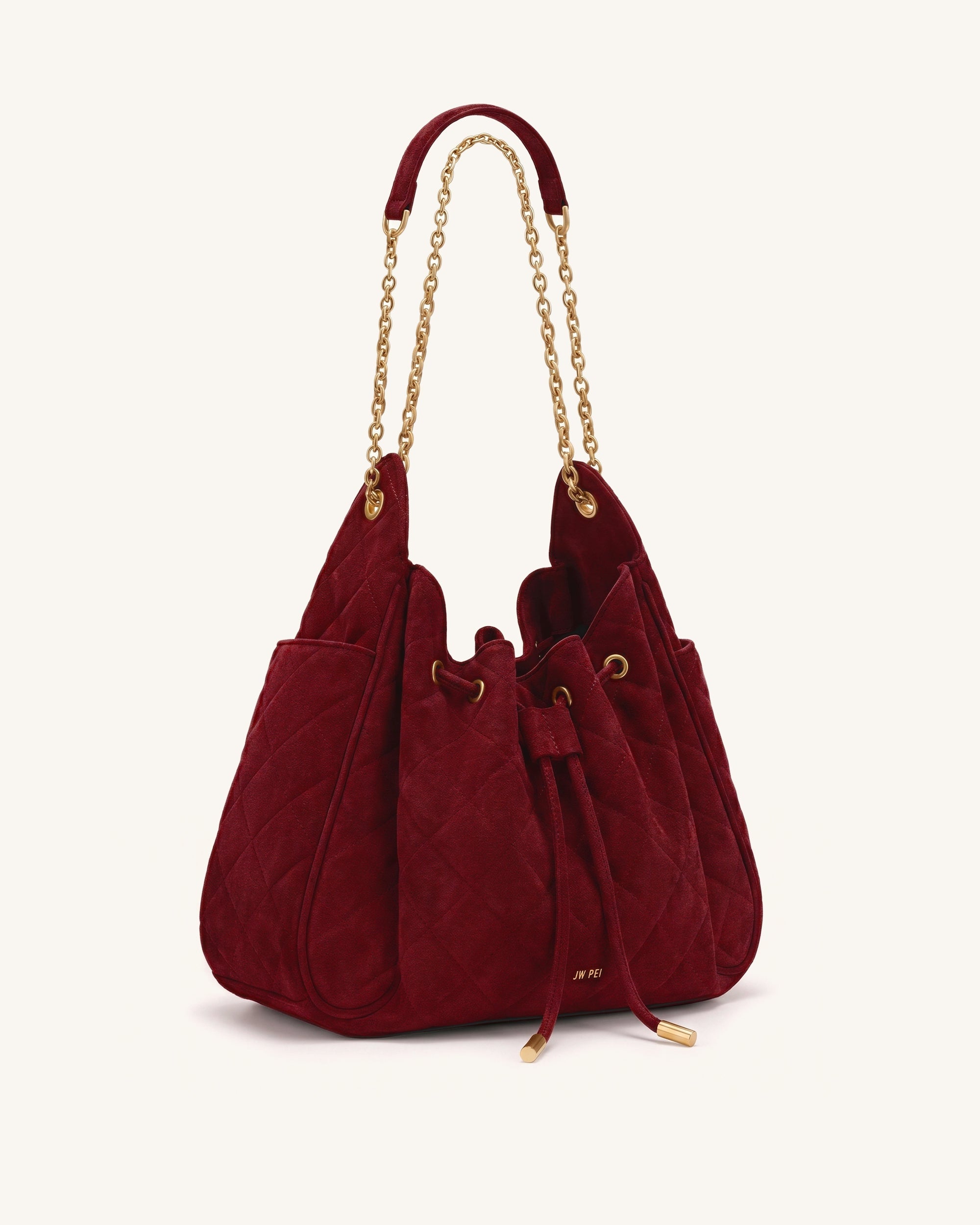 Rowan Faux Suede Quilted Chain Bucket Bag - Dark Red