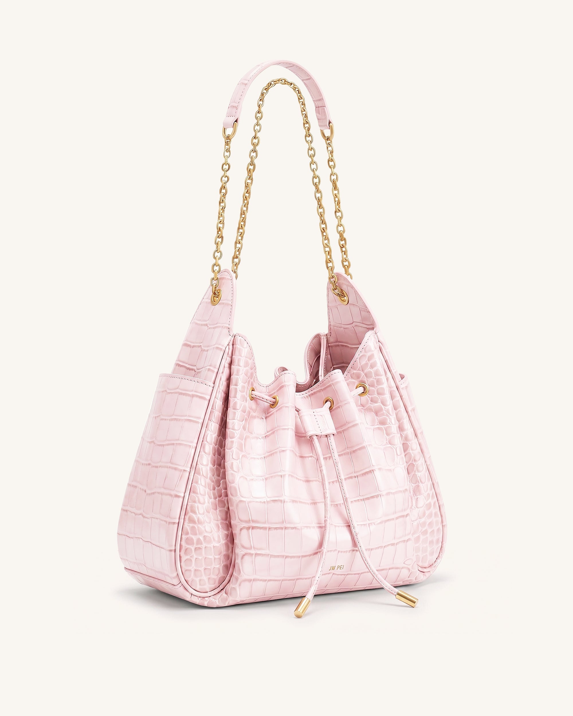 Rowan Ruched Drawstring Chain Bucket Bag - Pink Croc