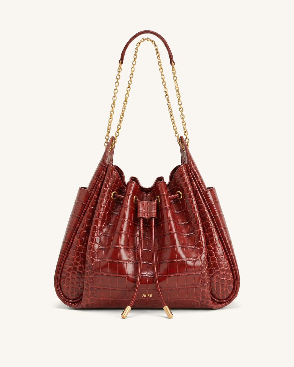 Rowan Ruched Drawstring Chain Bucket Bag - Dark Red Croc