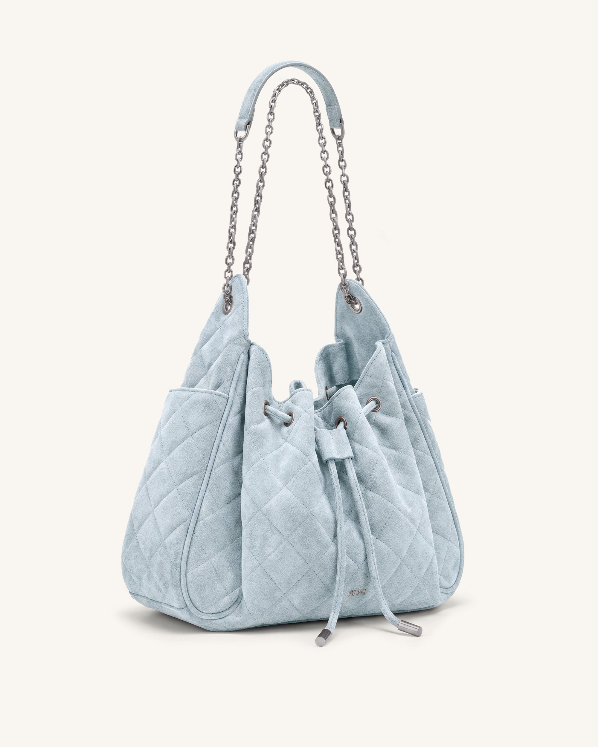 Rowan Faux Suede Quilted Chain Bucket Bag - Blue