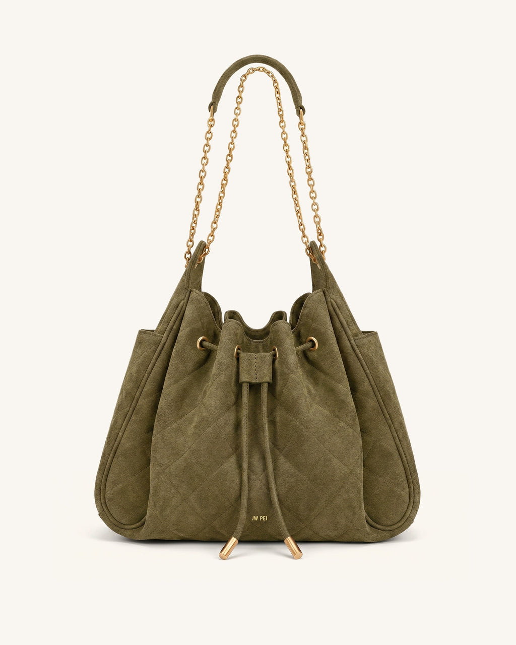 Rowan Faux Suede Quilted Chain Bucket Bag - Olive Green