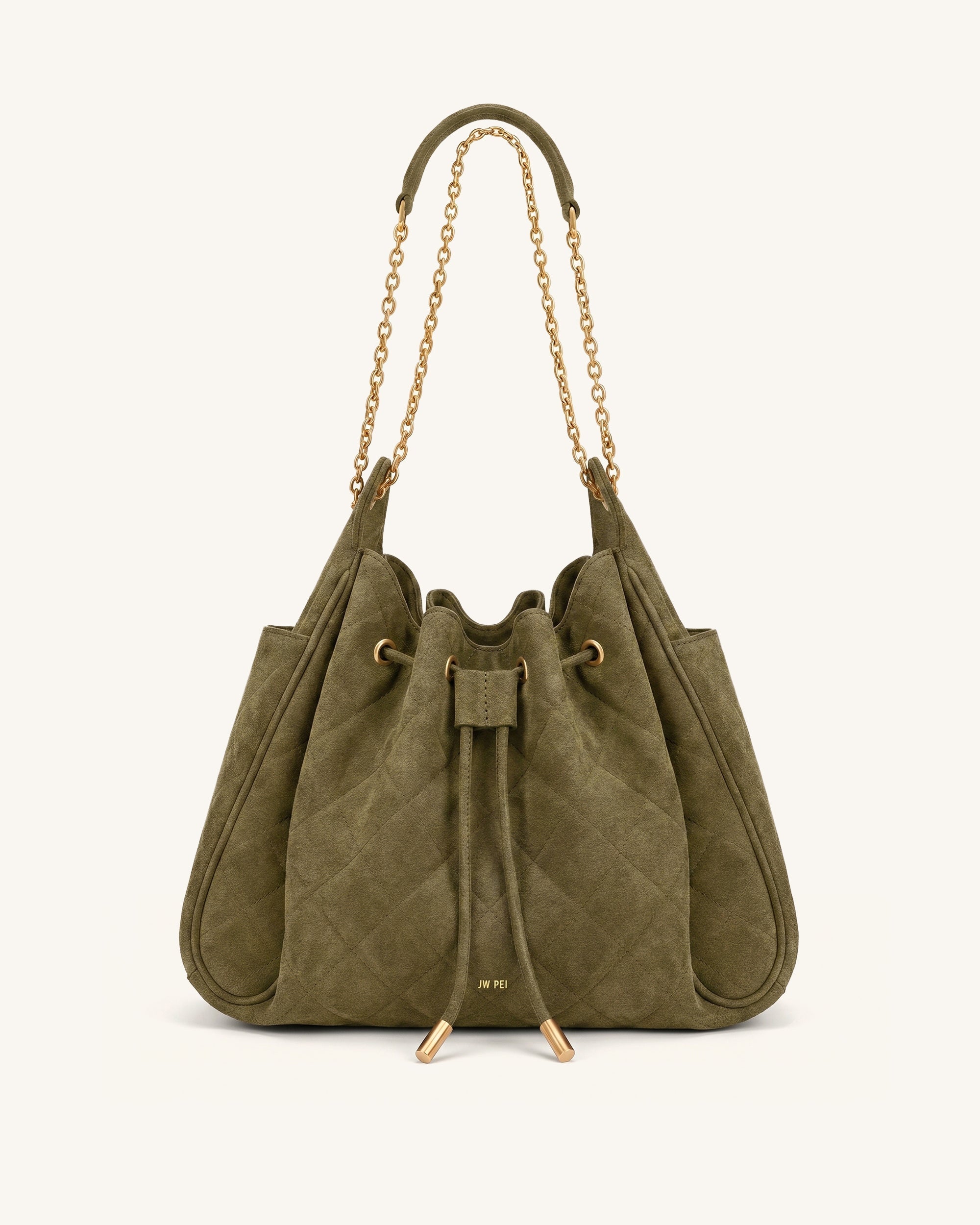 Rowan Faux Suede Quilted Chain Bucket Bag - Olive Green