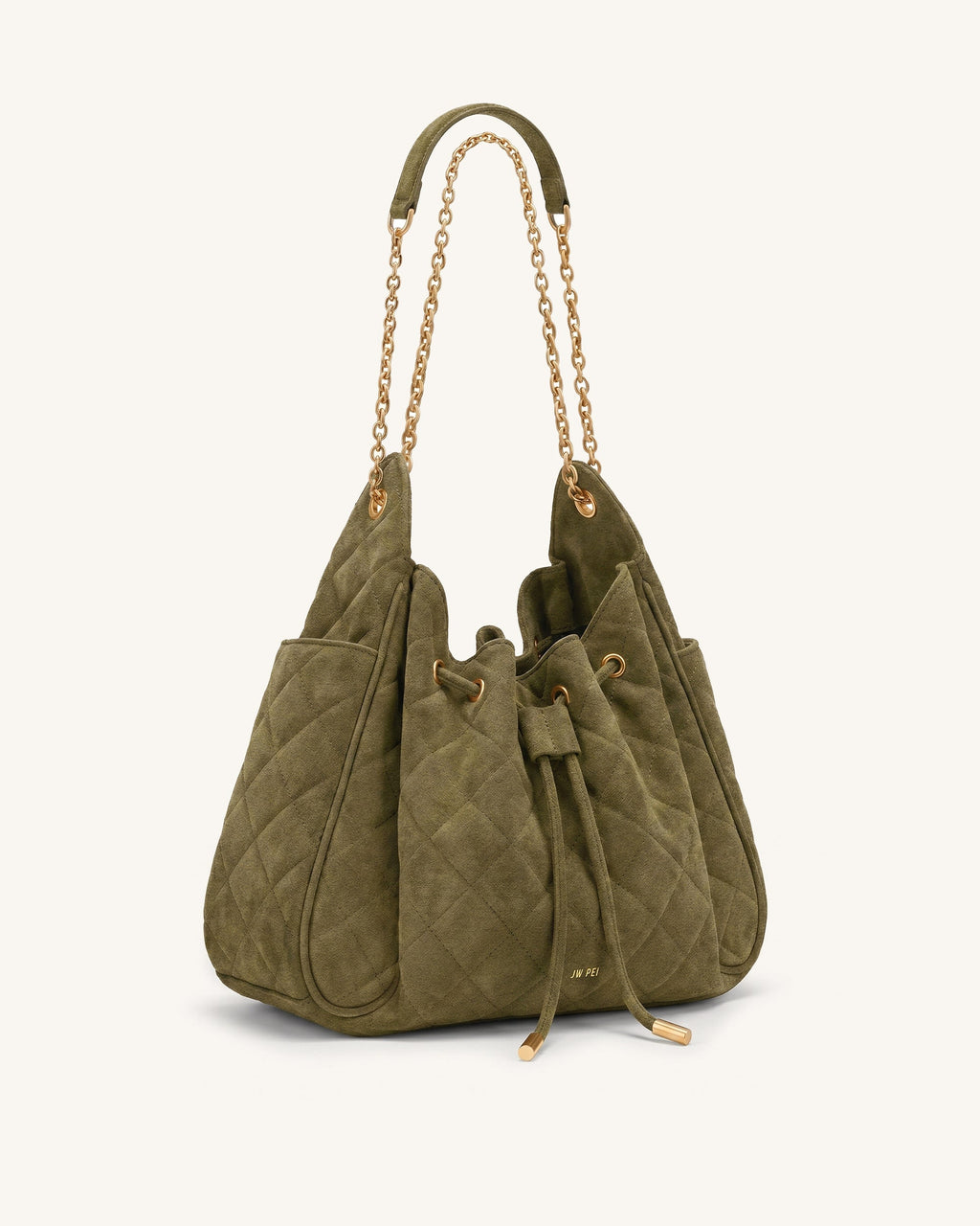 Rowan Faux Suede Quilted Chain Bucket Bag - Olive Green