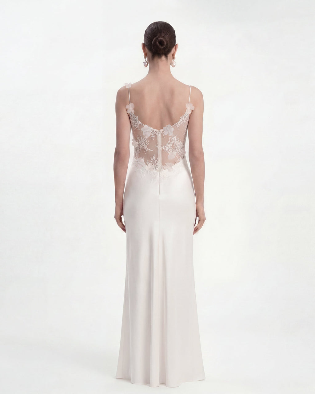 Floral Appliqué Sheer Lace Maxi Dress - White