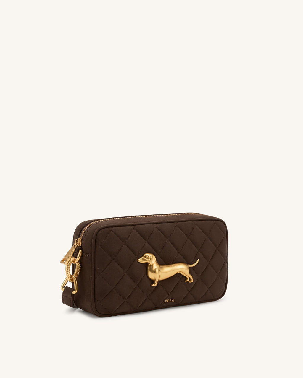Riley Faux Suede Dachshund Quilted Shoulder Bag - Dark Brown