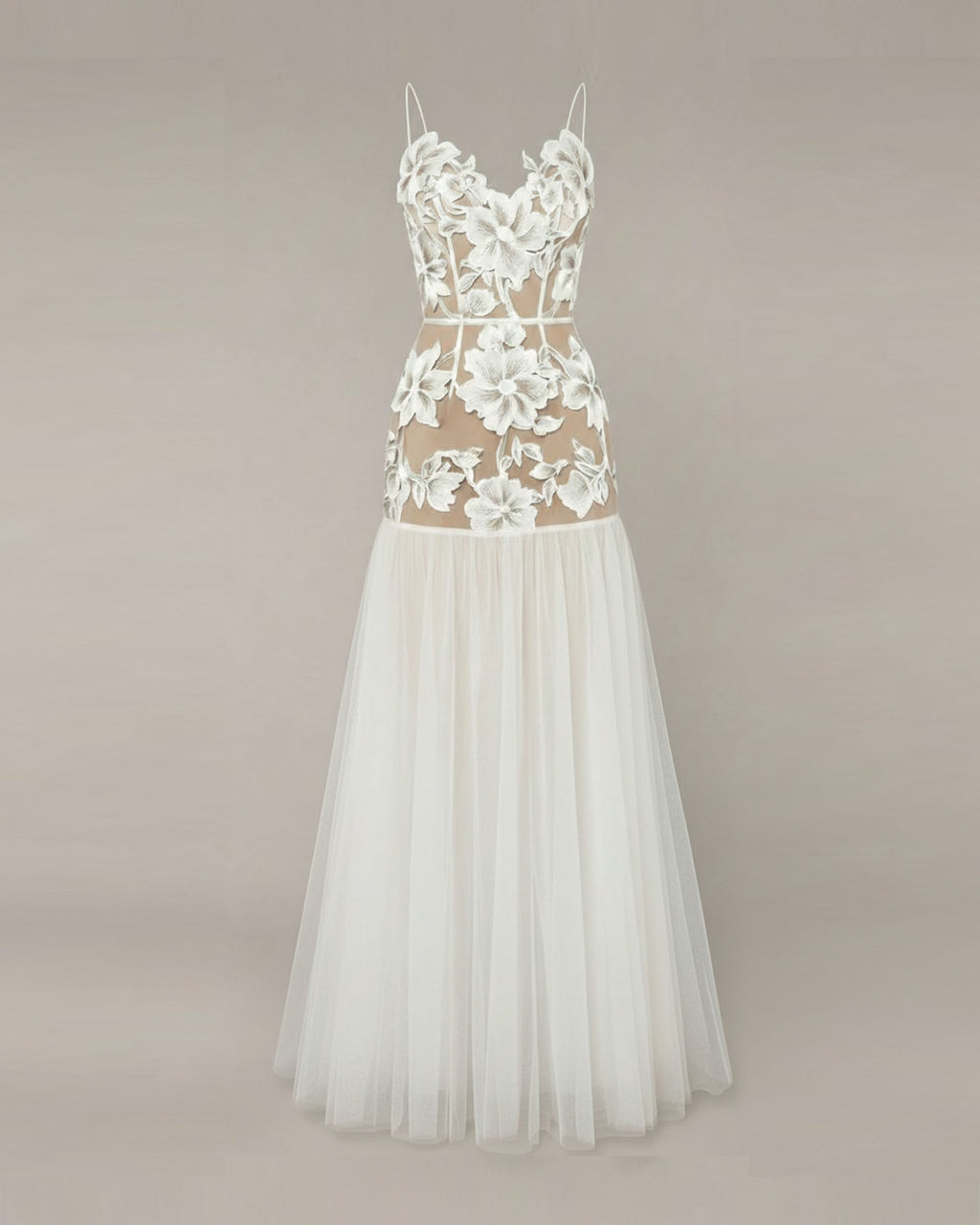 Floral Appliqué Sheer Tulle Maxi Dress - White