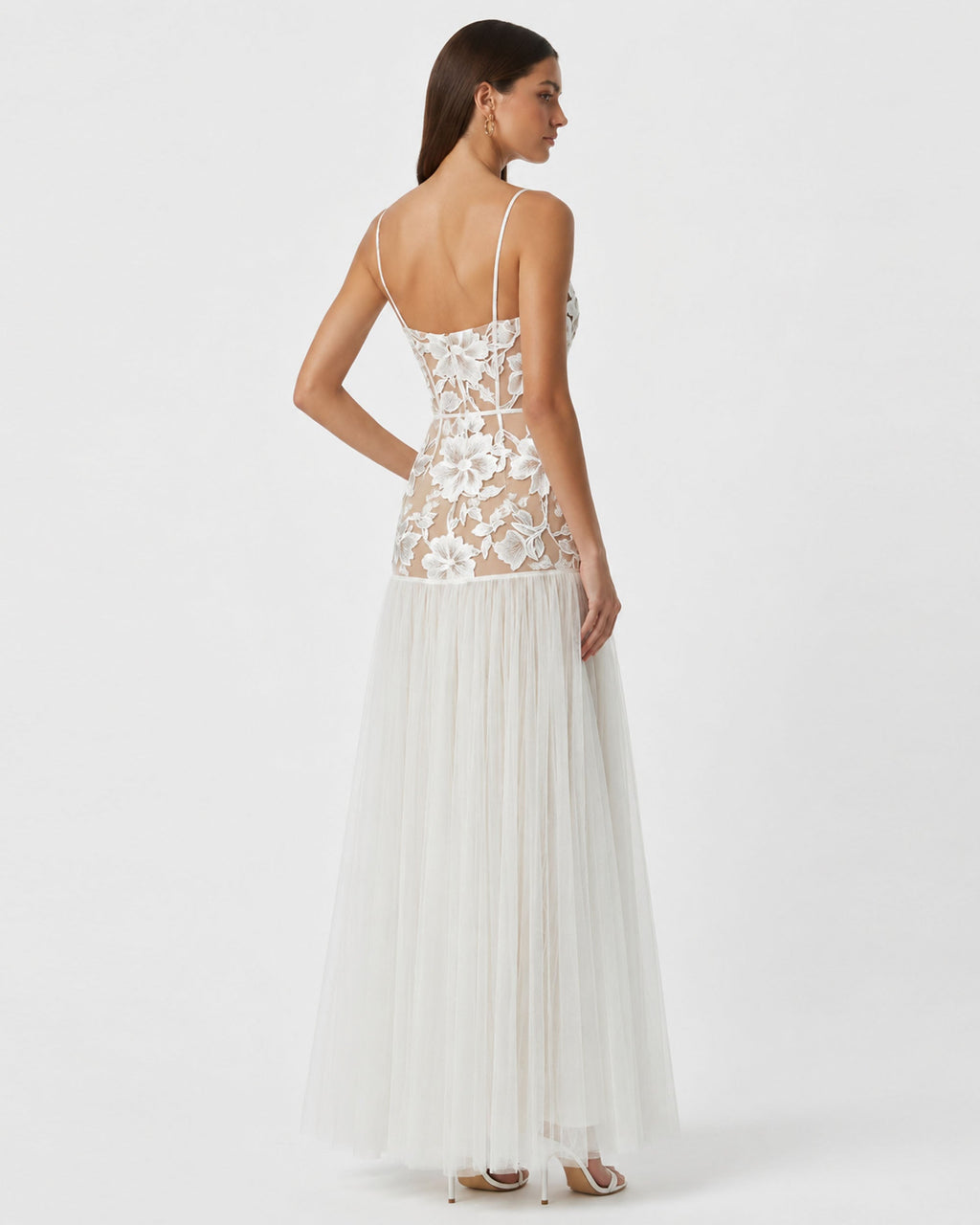 Floral Appliqué Sheer Tulle Maxi Dress - White