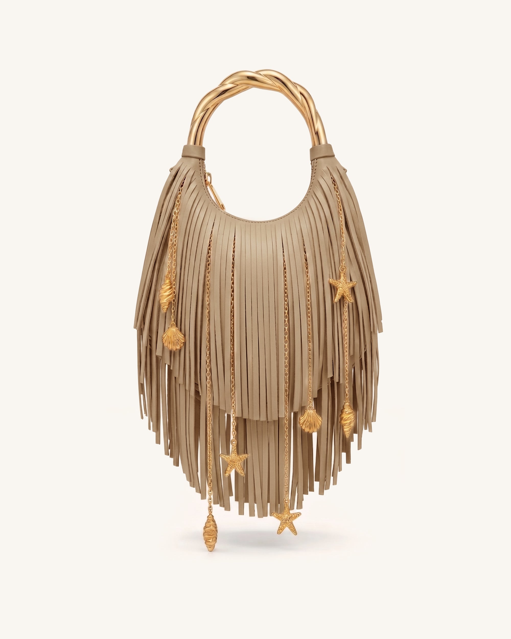 Chloe Metal Handle Fringe Top Handbag - Khaki