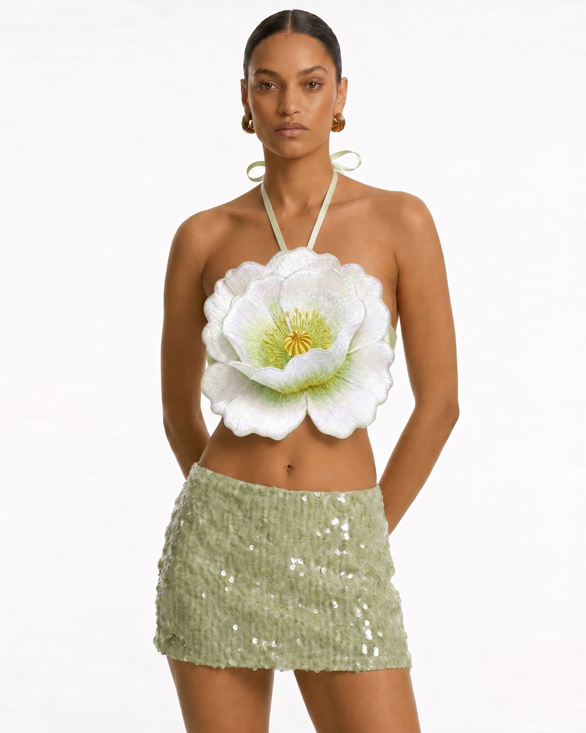 3D Floral Halter Crop Top - Ivory