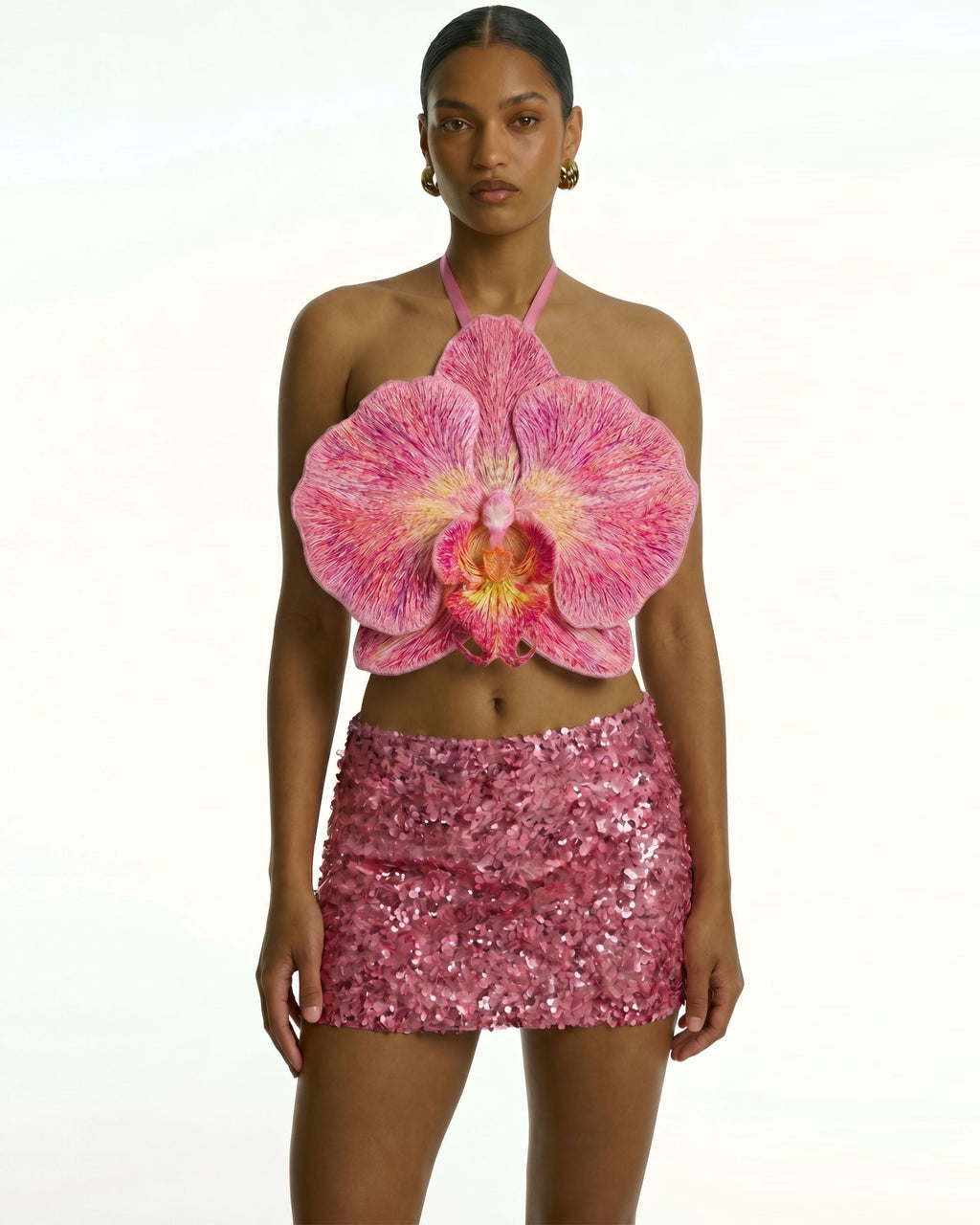 3D Orchid Halter Crop Top - Pink