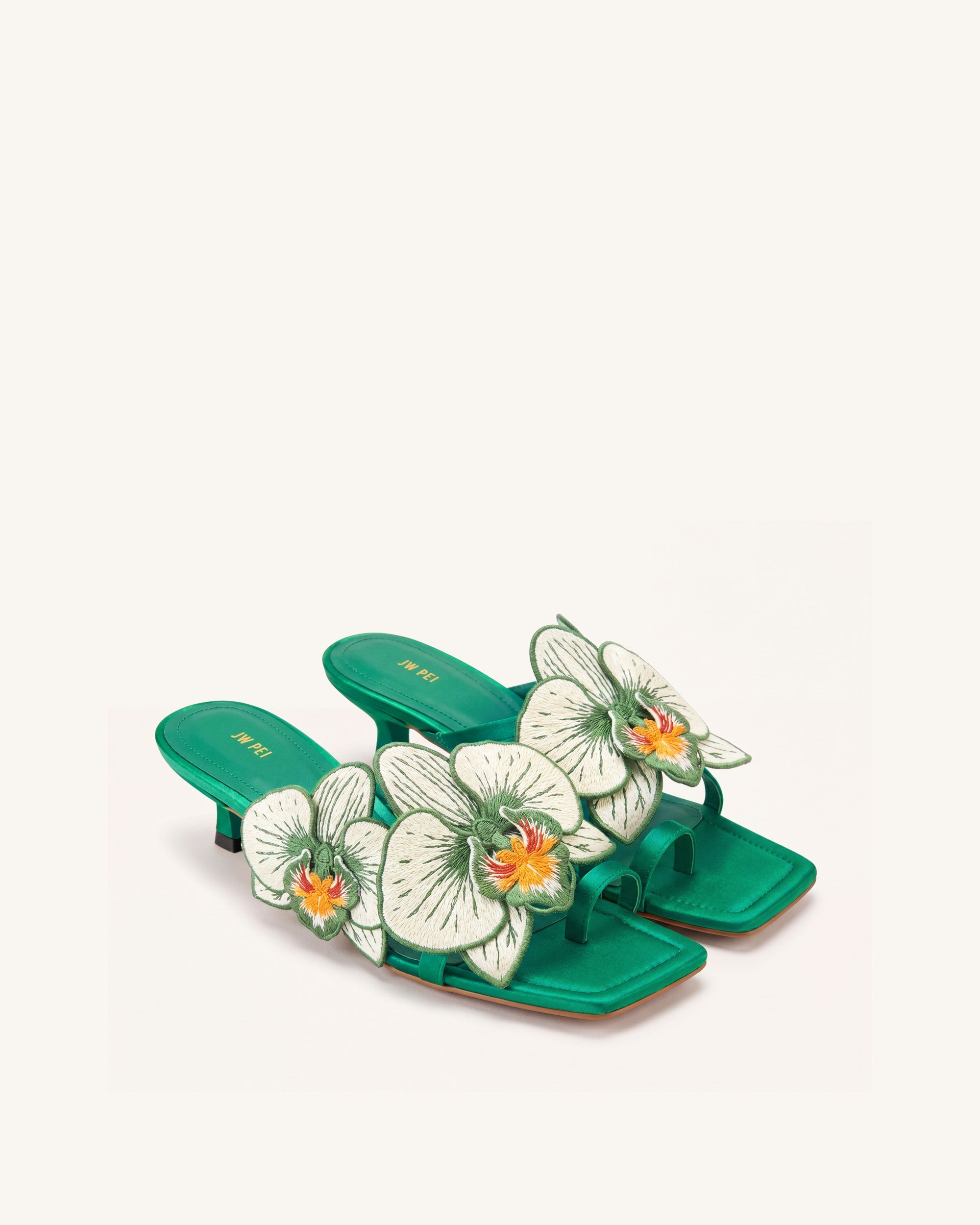Serena Orchid Embroidered Toe Ring Heeled Sandals - Emerald Green