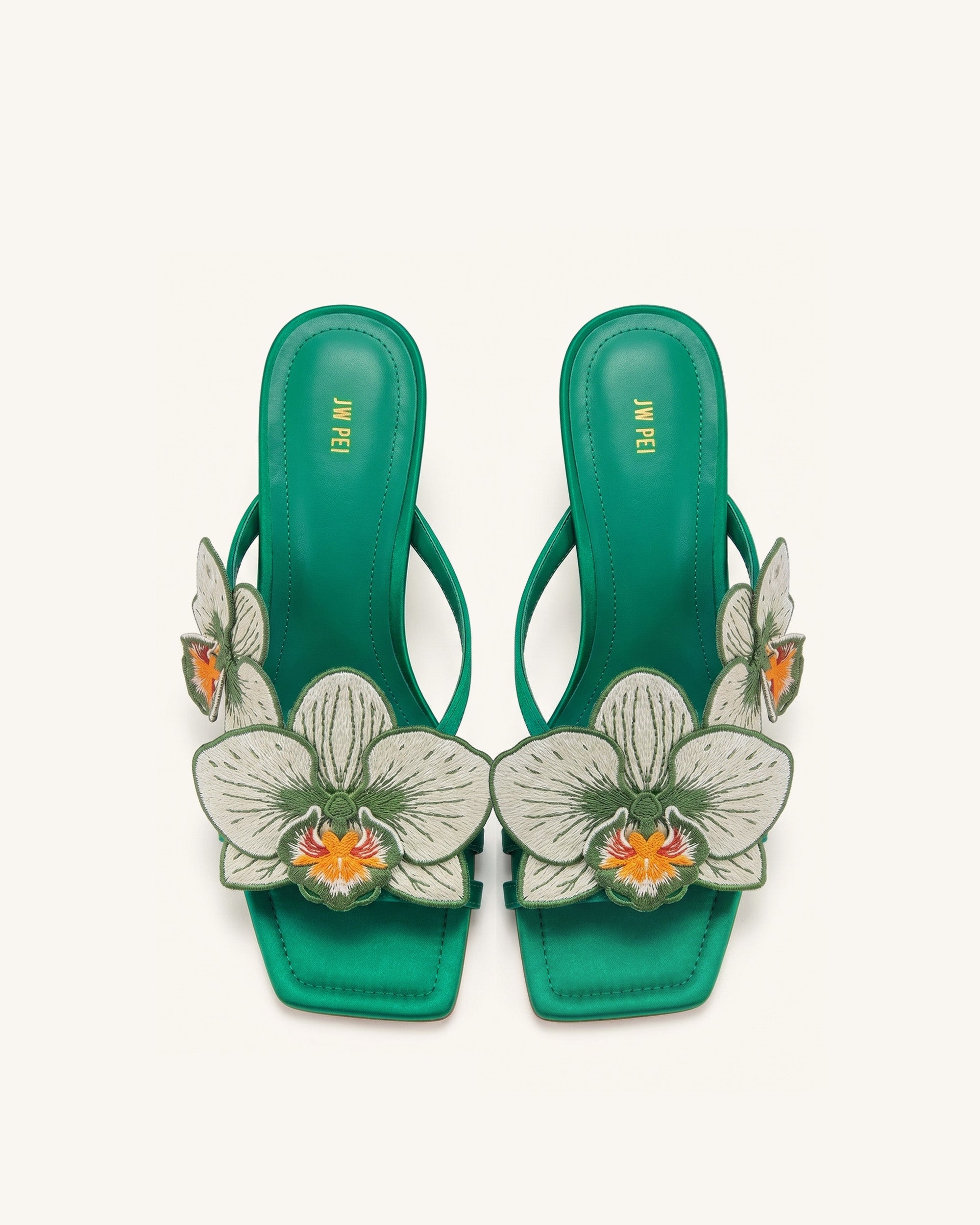 Serena Orchid Embroidered Toe Ring Heeled Sandals - Emerald Green
