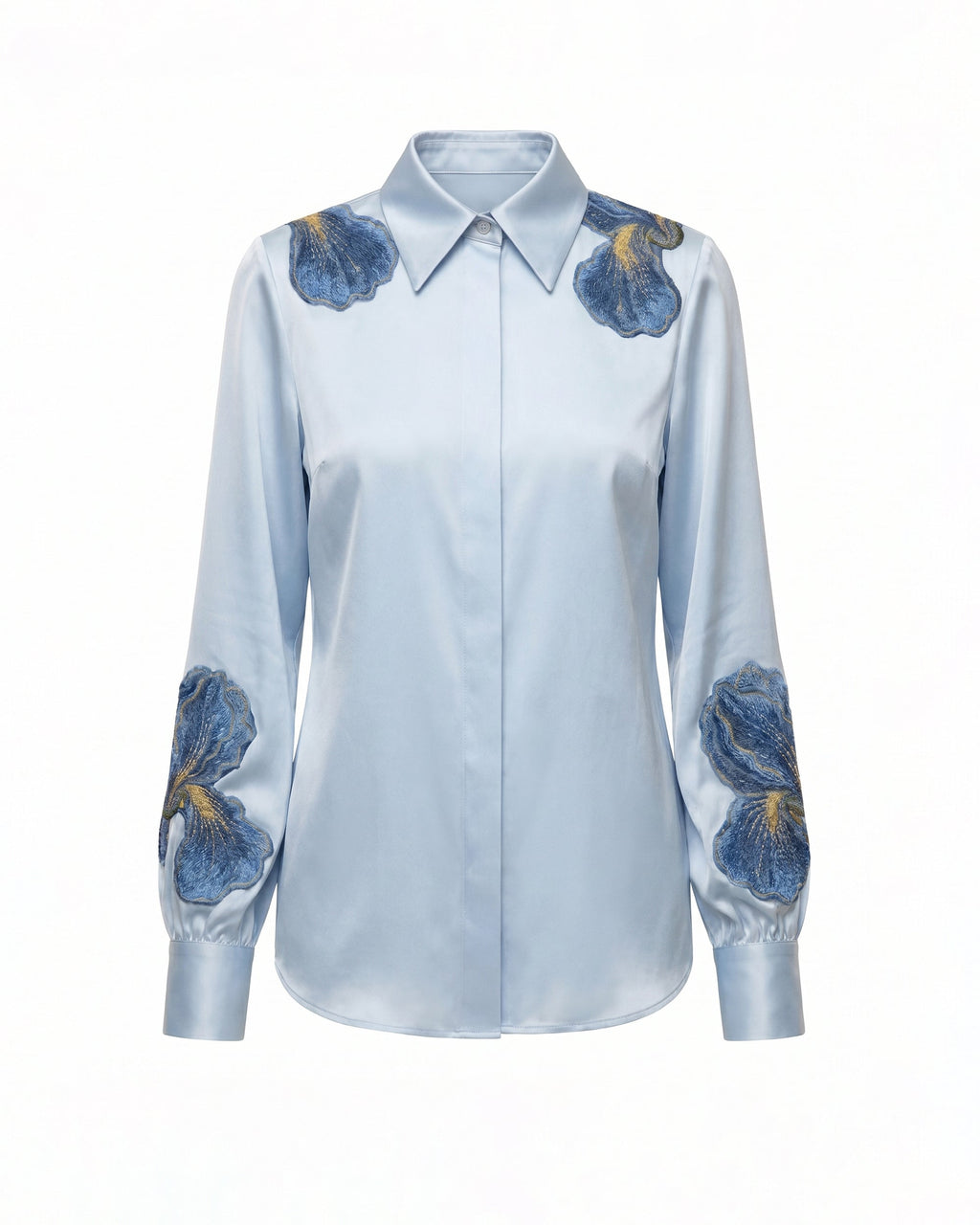 Iris Embroidered Collared Long Sleeve Shirt - Light Blue