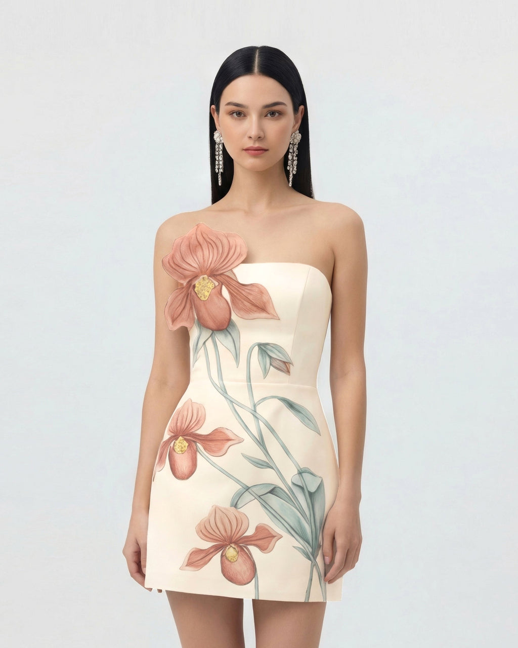 Slipper Orchid Appliqué Mini Dress - Ivory/Peach Pink
