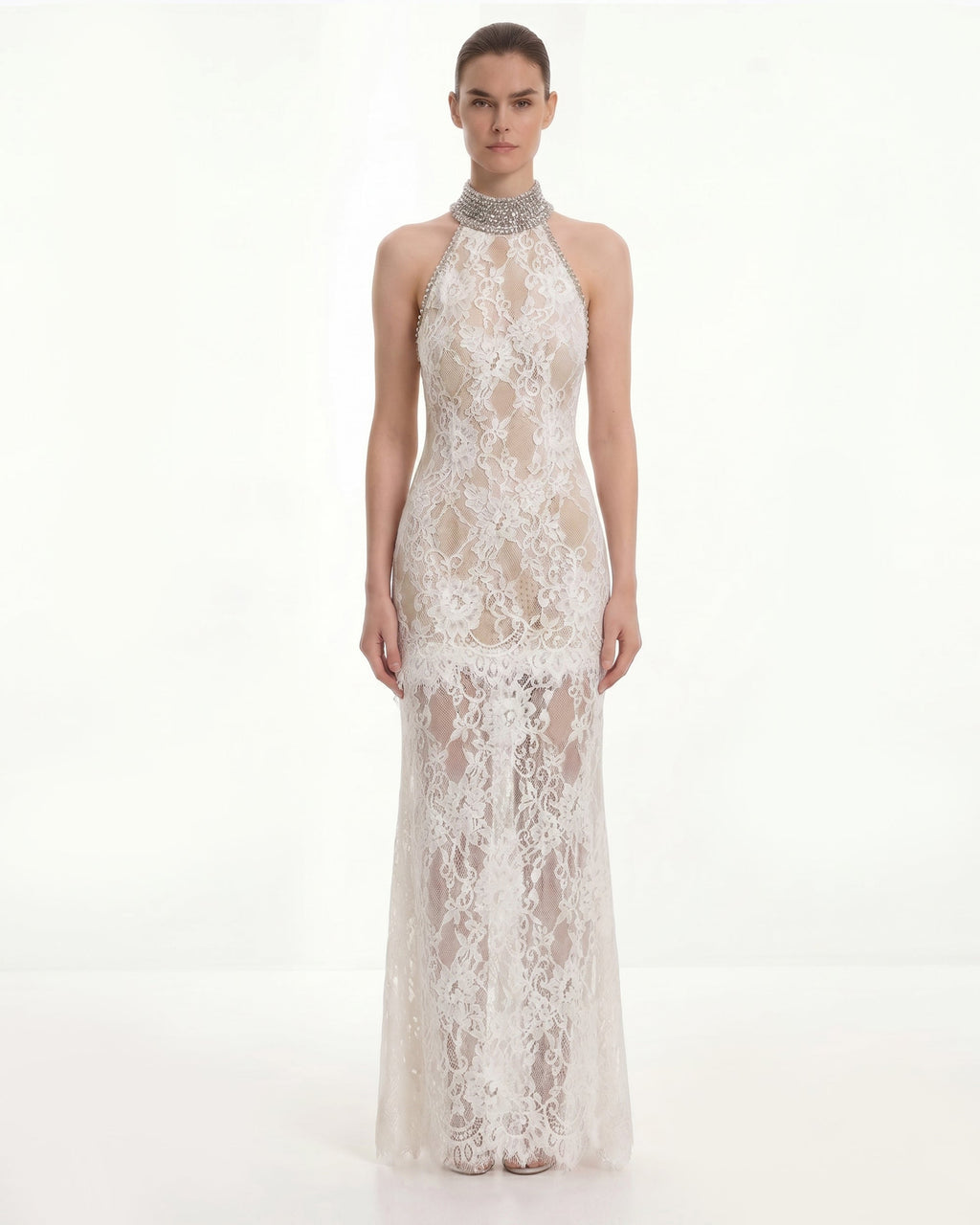 Jeweled Lace Halter Dress - White