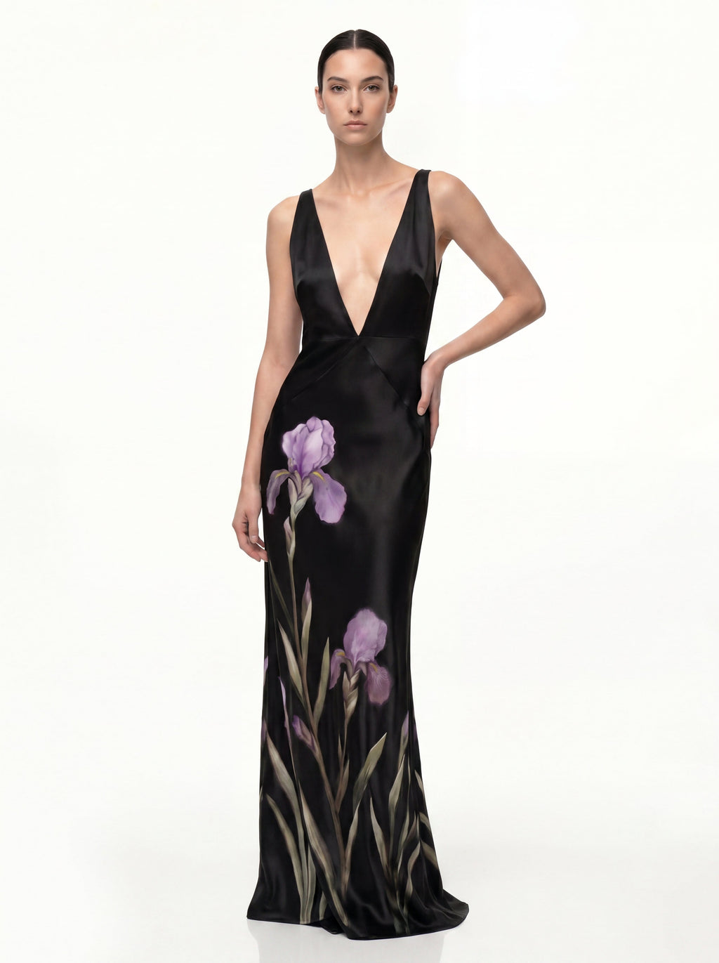 Floral Deep V Maxi Dress - Black