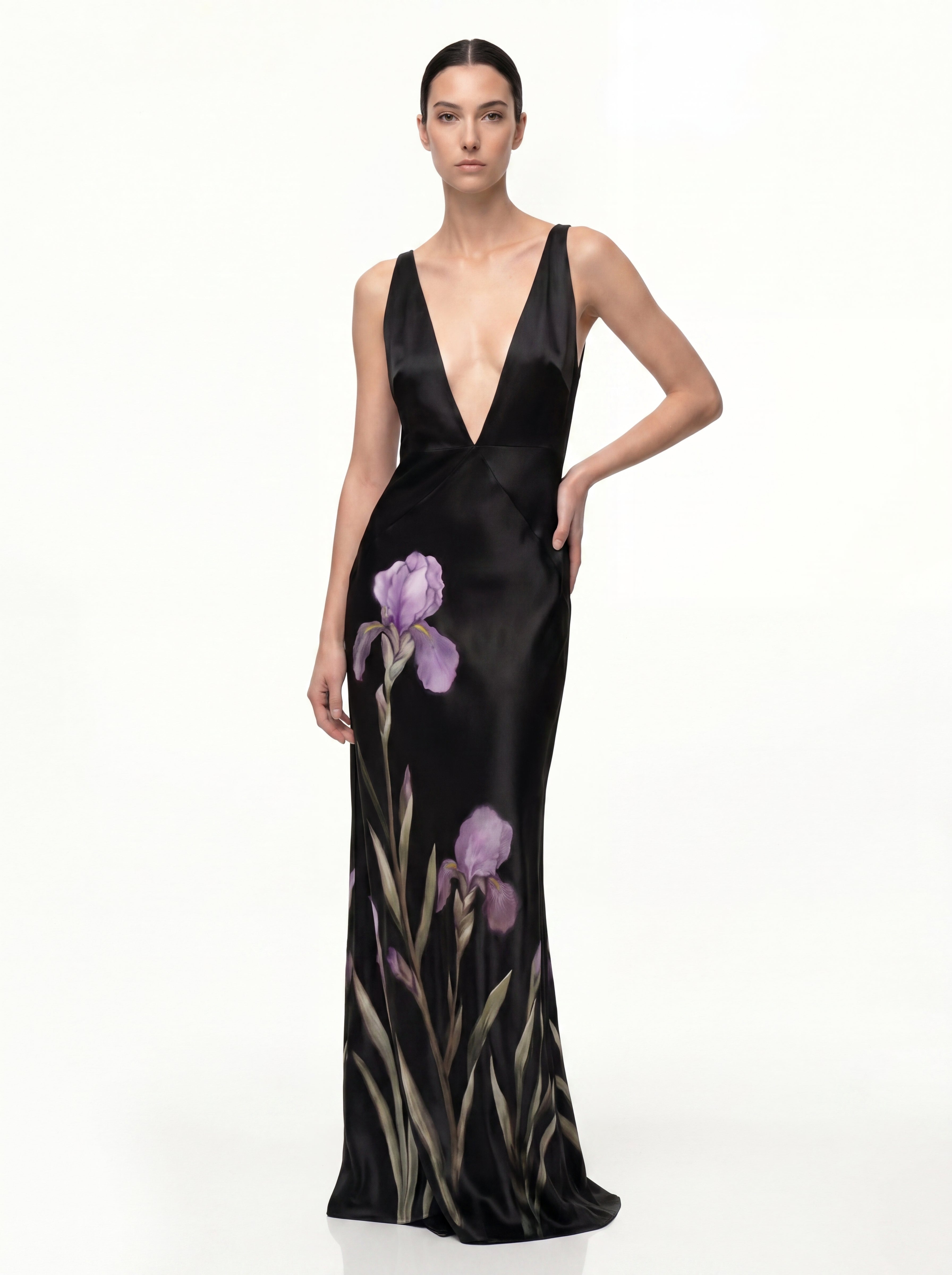 Floral Deep V Maxi Dress - Black