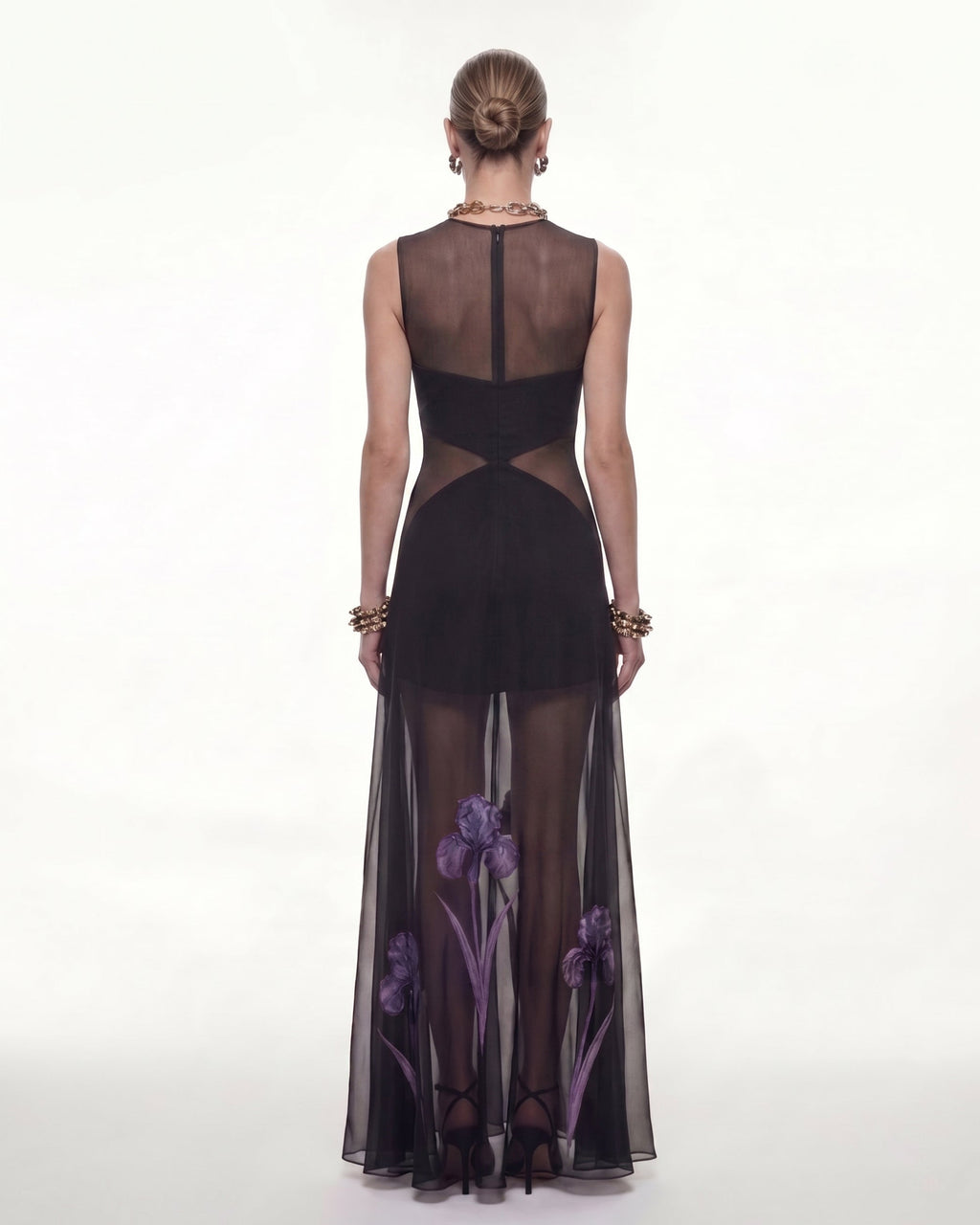 Sheer Floral Print Paneled Maxi Dress - Black