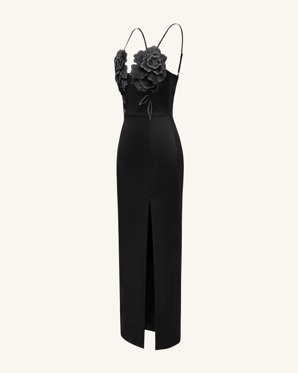 3D Floral Strappy Maxi Dress - Black