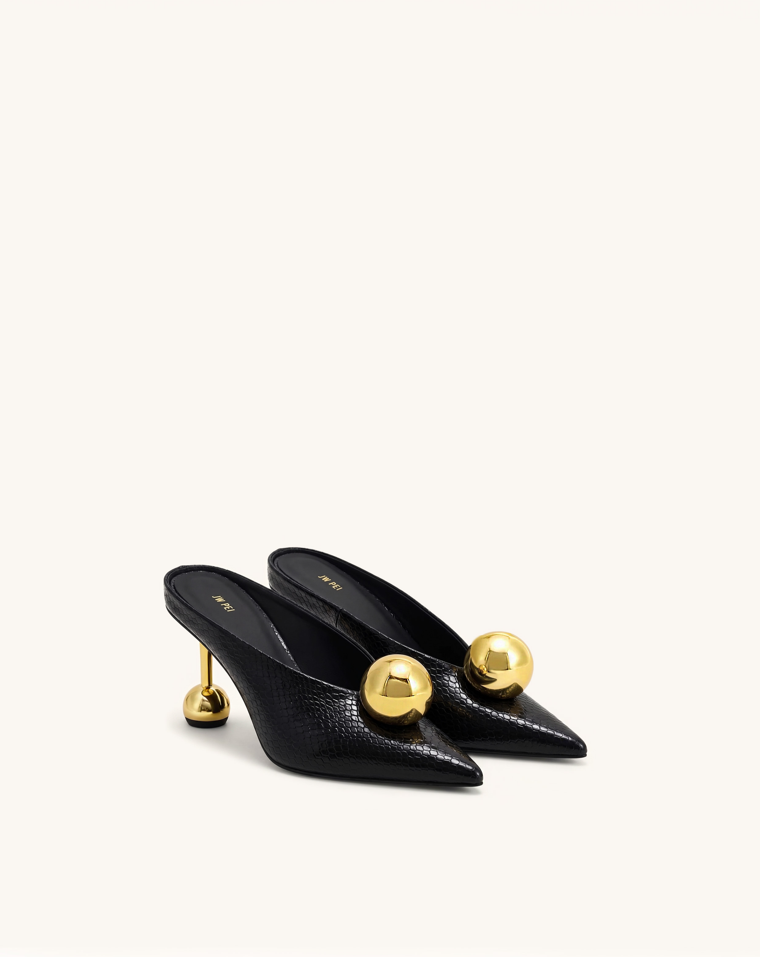 Sofia Angled Vamp Snakeskin Heel Mules - Black