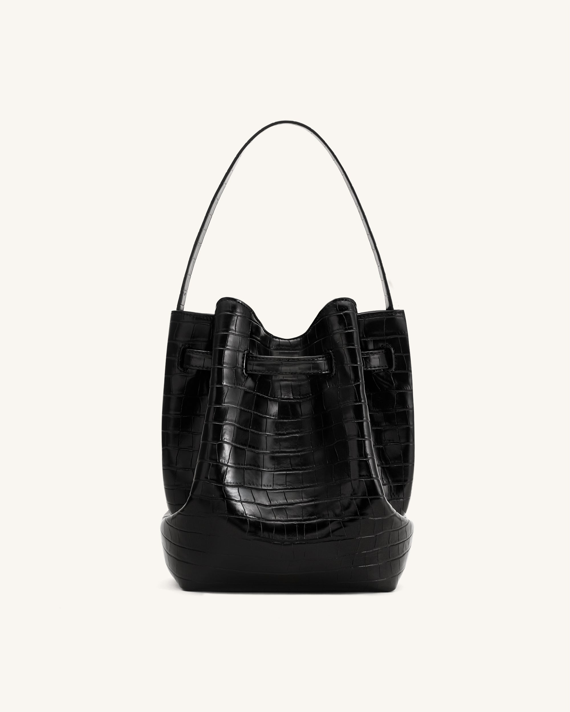 Clara Lock Accent Bucket Shoulder Bag - Black Croc