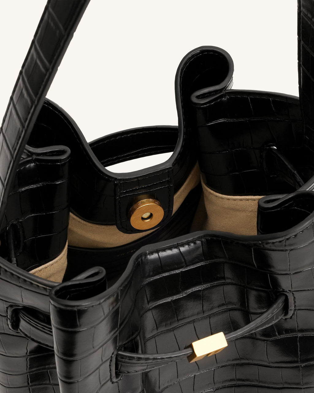 Clara Lock Accent Bucket Shoulder Bag - Black Croc