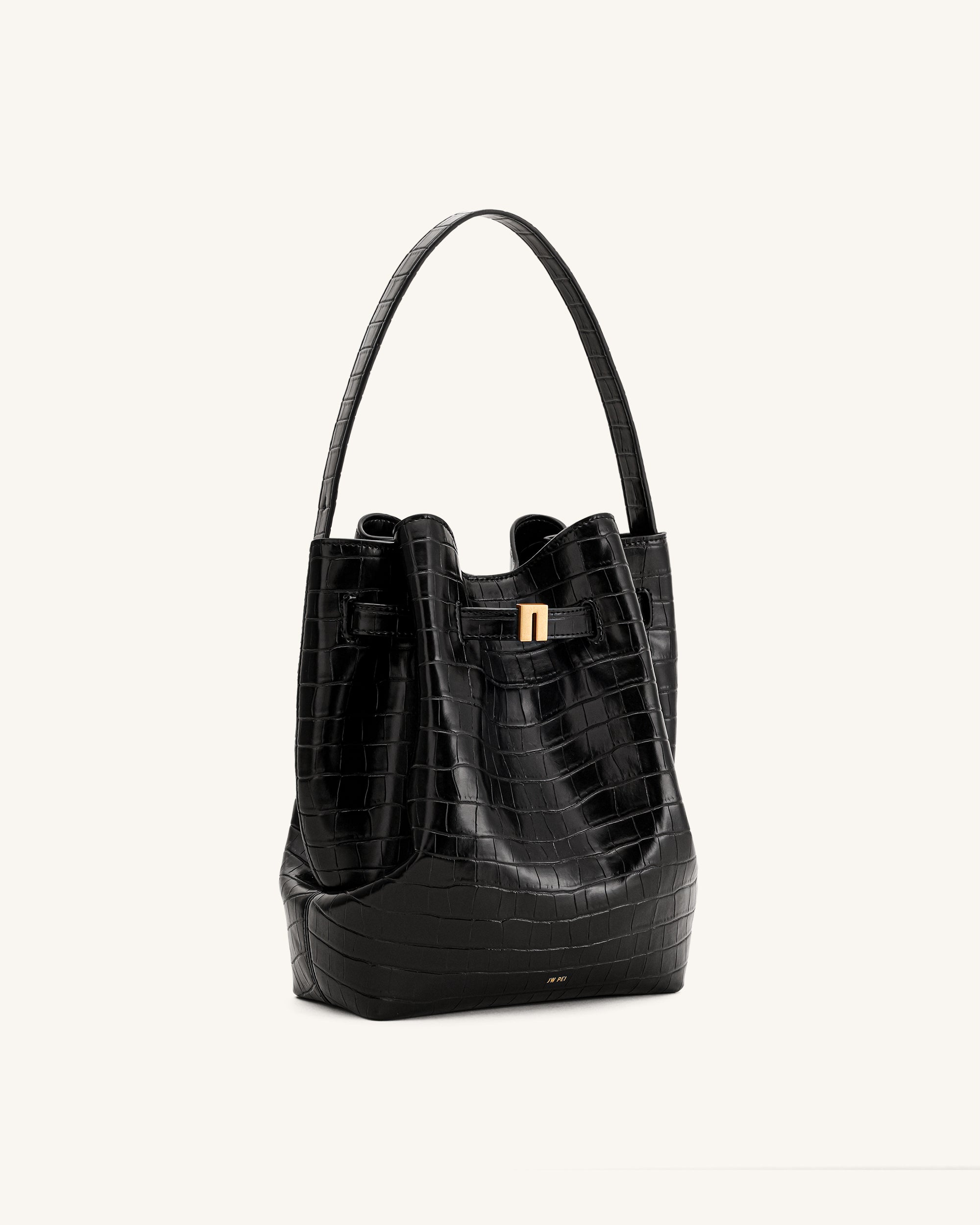 Clara Lock Accent Bucket Shoulder Bag - Black Croc