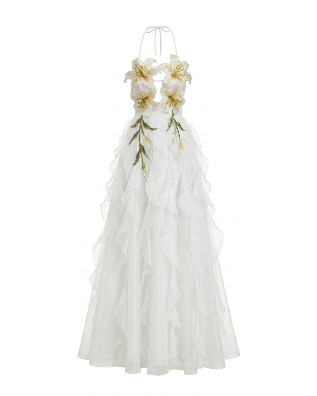 Lily-Embroidered Embroidered Halter Tiered Maxi Dress - White