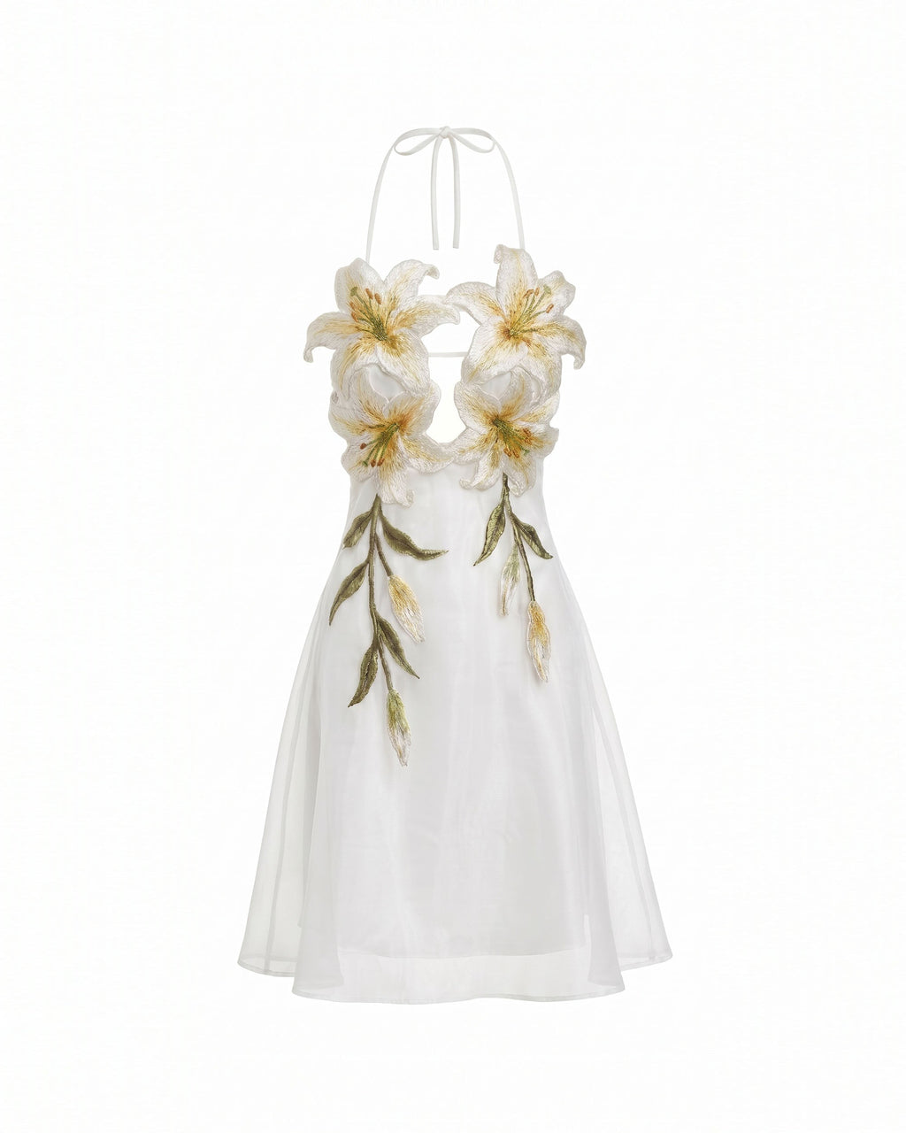 Lily-Embroidered Halter Mini Dress - White