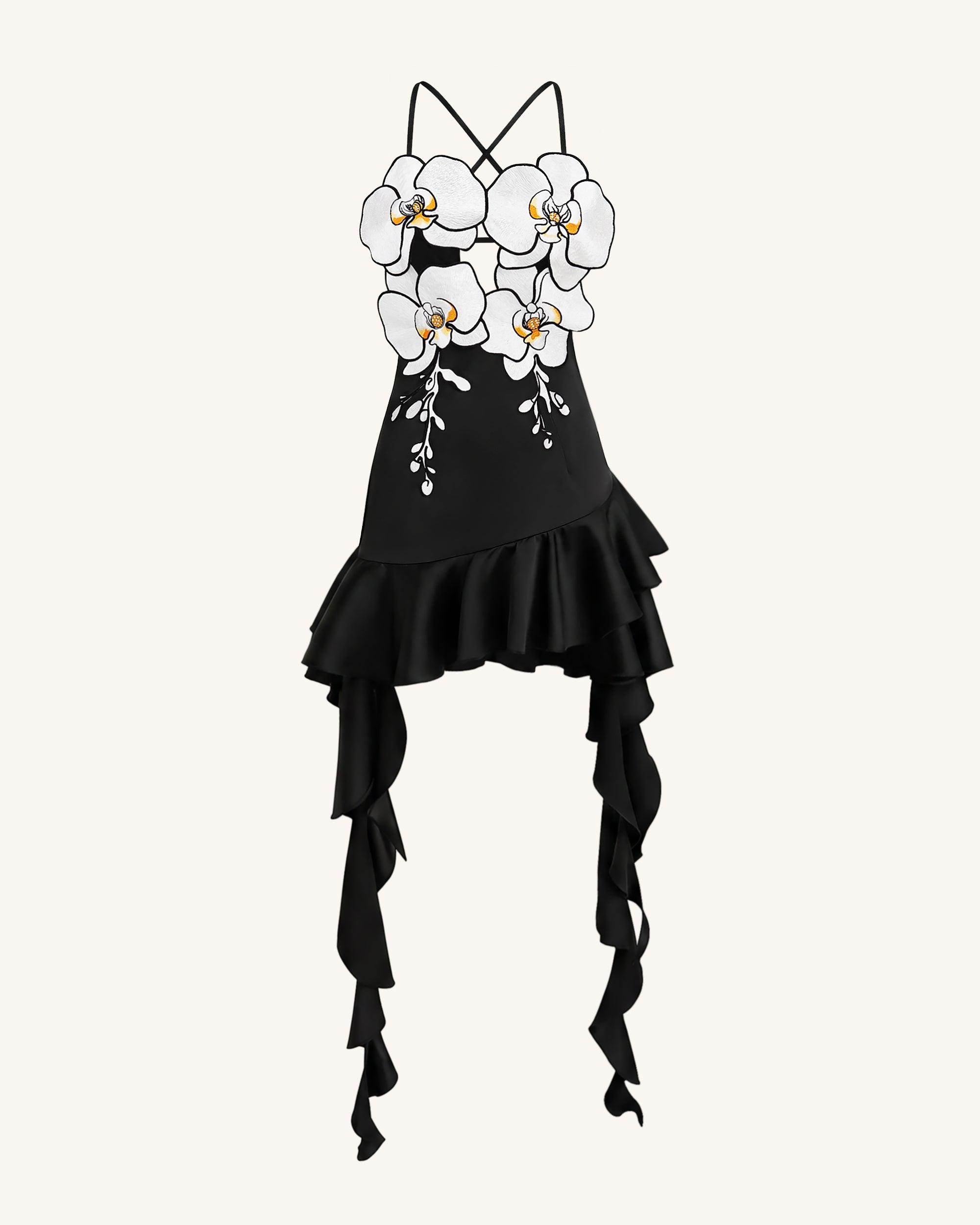 Orchid Embroidered Ruffle Hem Mini Dress - Black