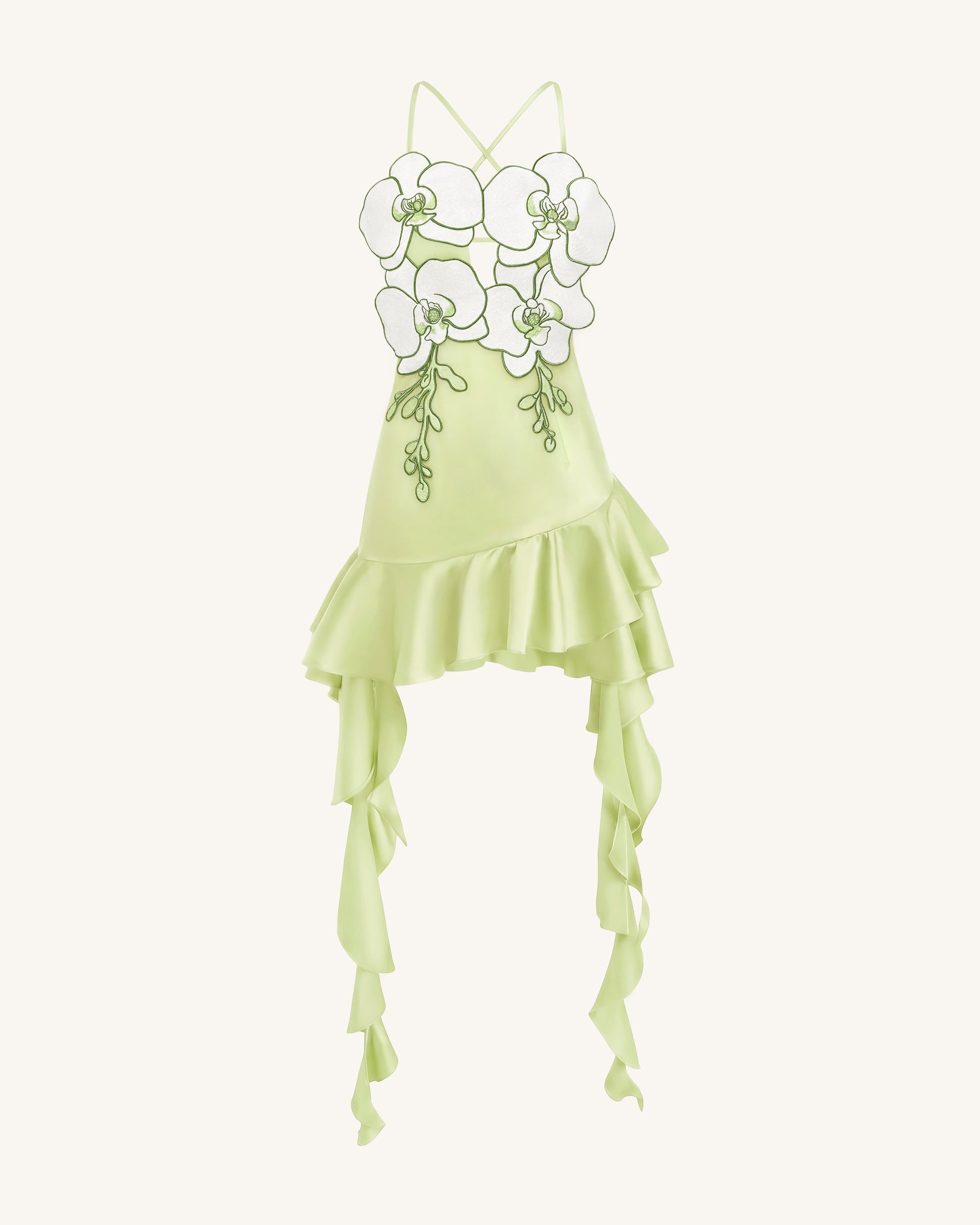 Orchid Embroidered Ruffle Hem Mini Dress - Light Green