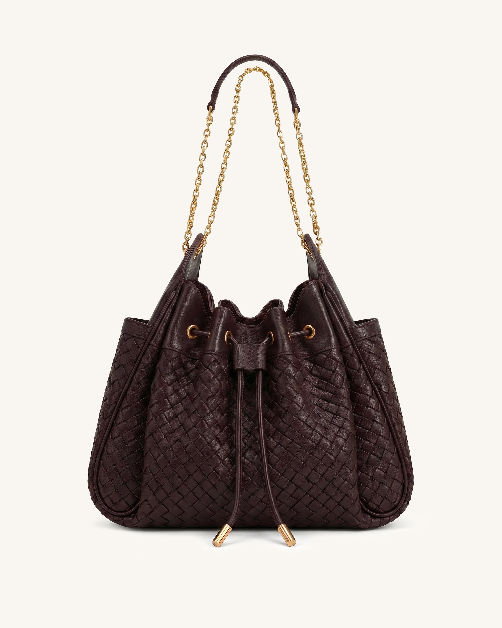 Rowan Weaving Ruched Drawstring Chain Bucket Bag - Dark Cherry