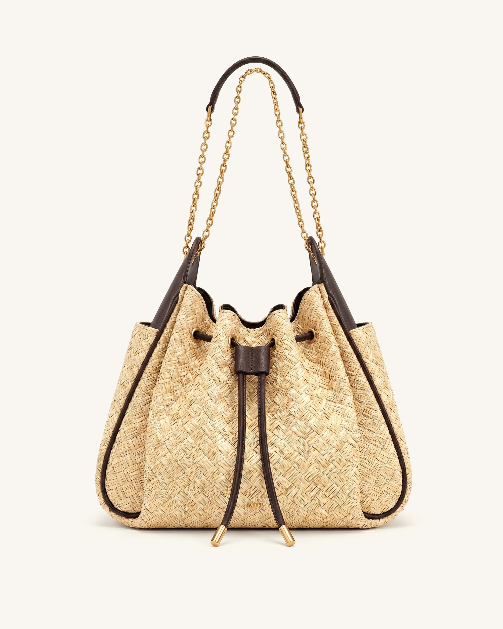 Rowan Faux Straw Ruched Drawstring Chain Bucket Bag - Brown