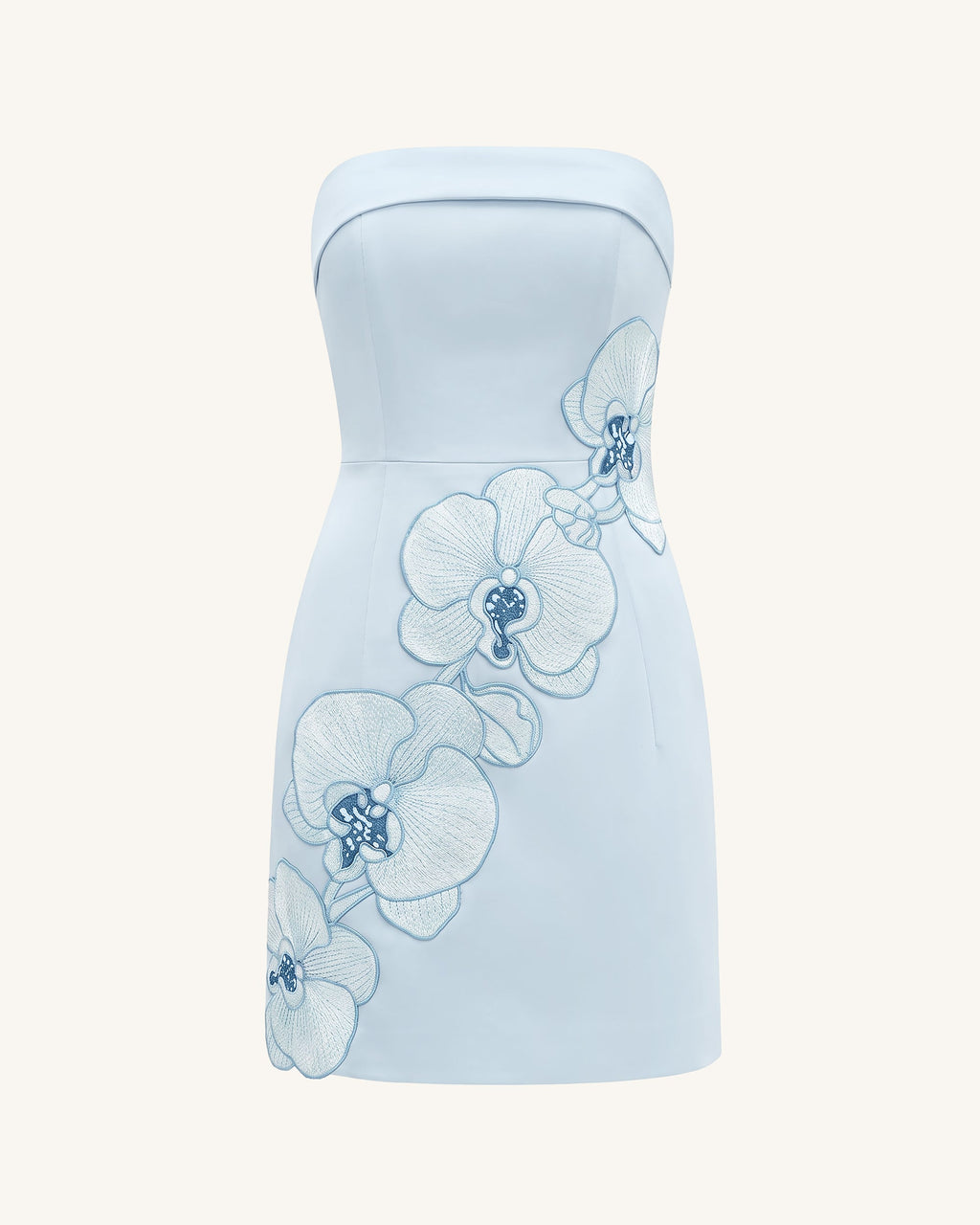 Orchid Embroidered Strapless Sheath Midi Dress - Light Blue